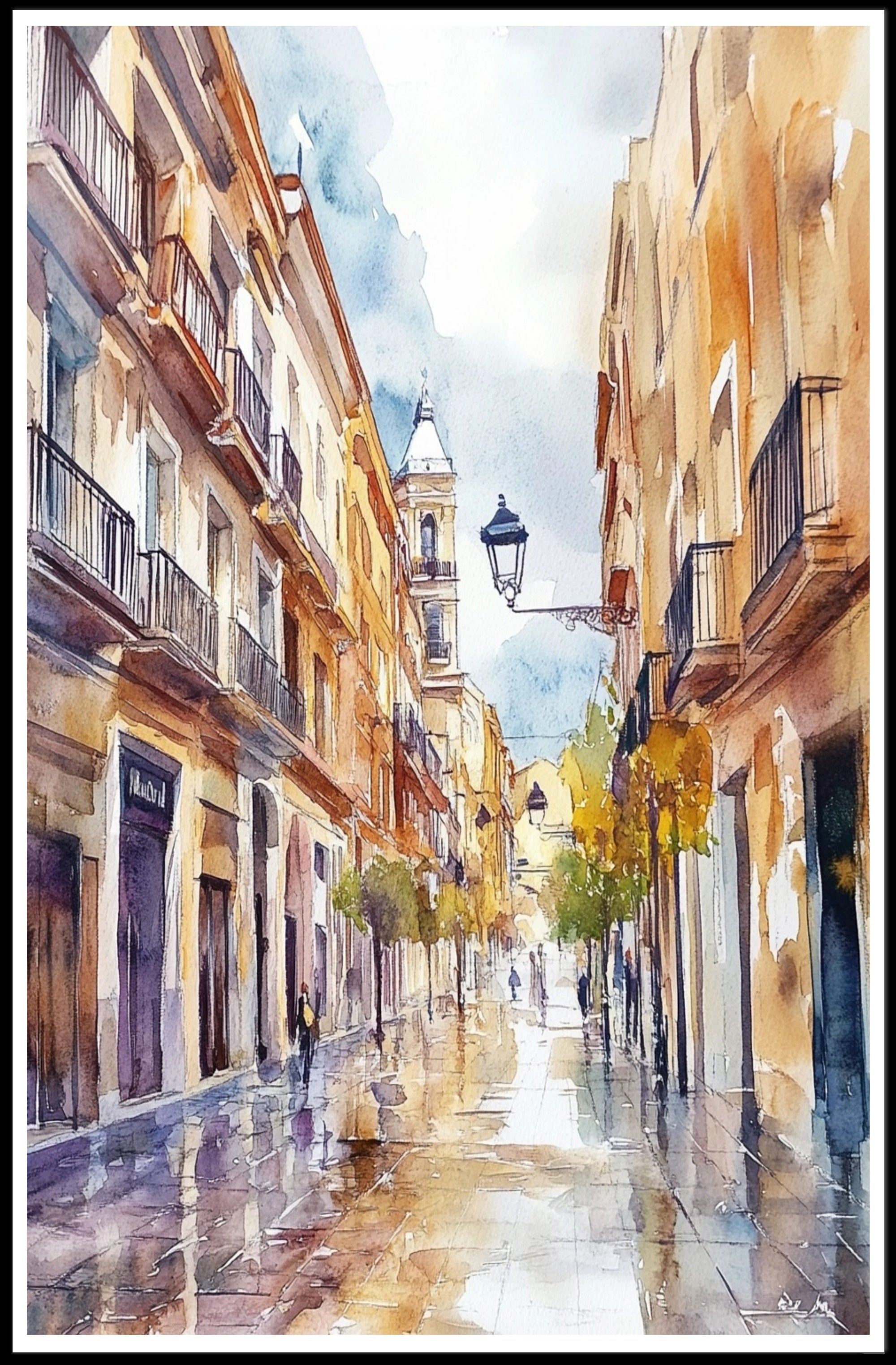 Serene Street in Watercolor Poster PosterGoat