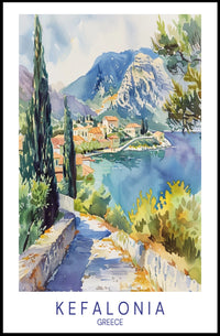 Kefalonia Coastal Village Watercolor Travel Poster PosterGoat