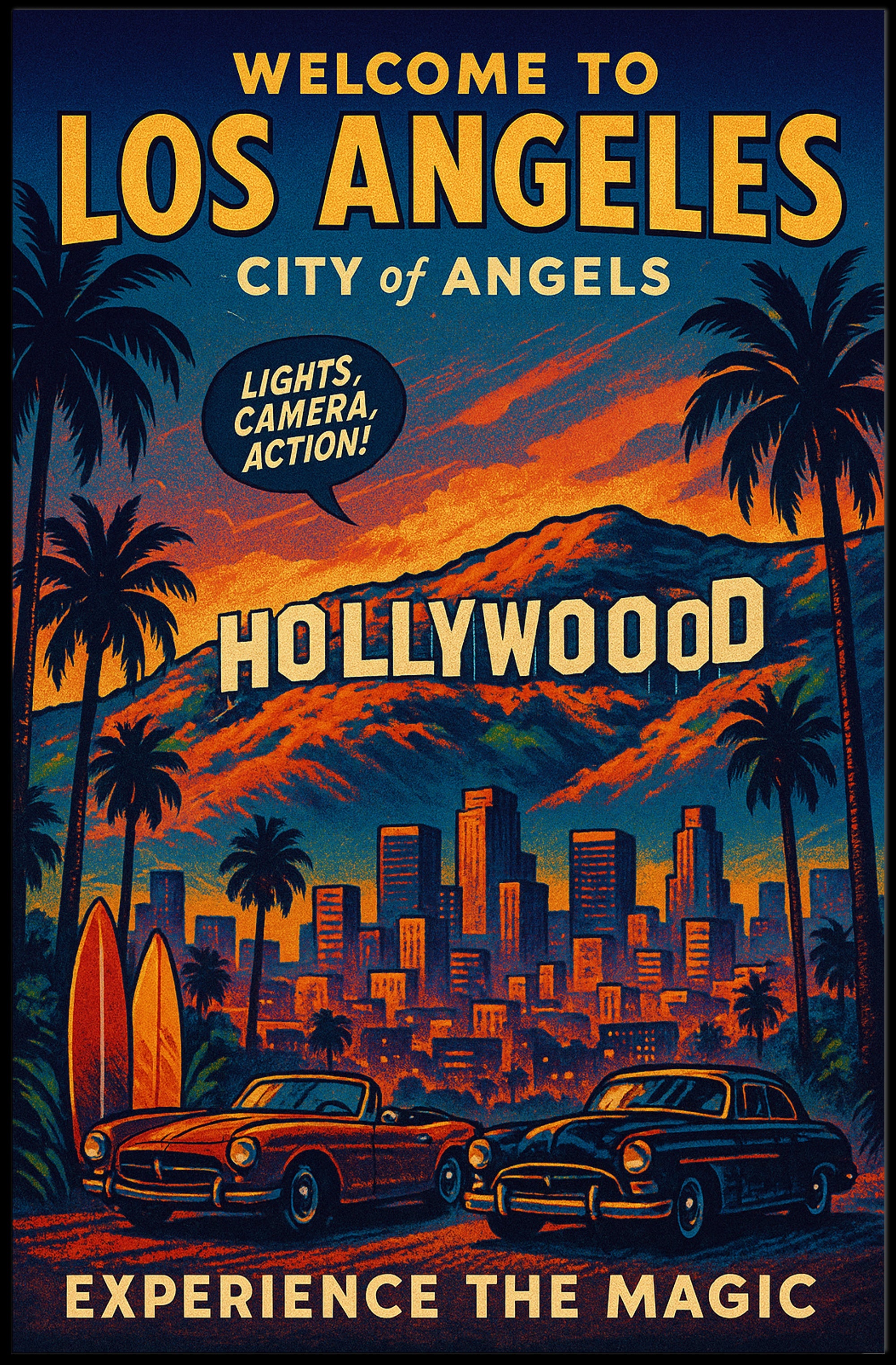 Hollywood Glamour in Retro Los Angeles Travel Poster