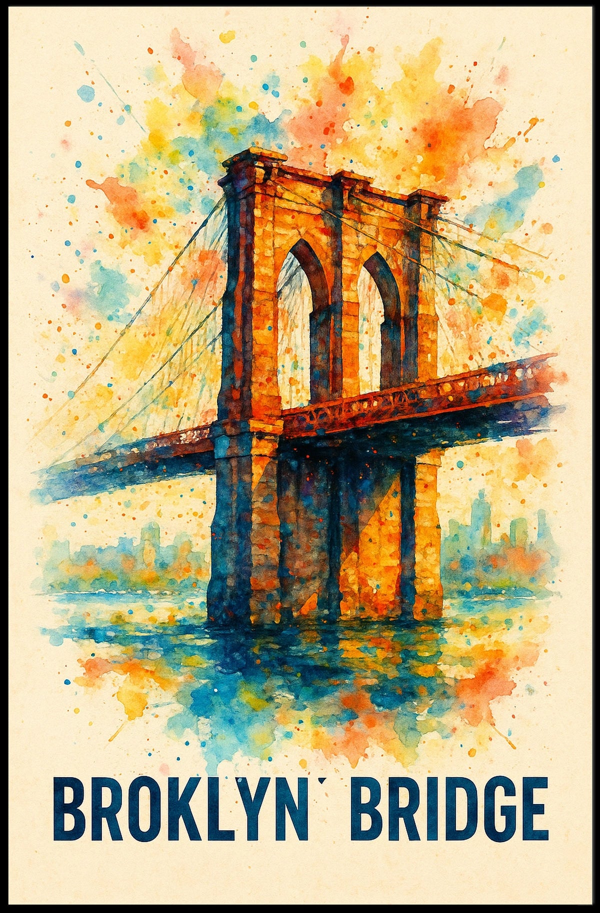 Brooklyn Bridge Vibrant Watercolor Art Poster Print