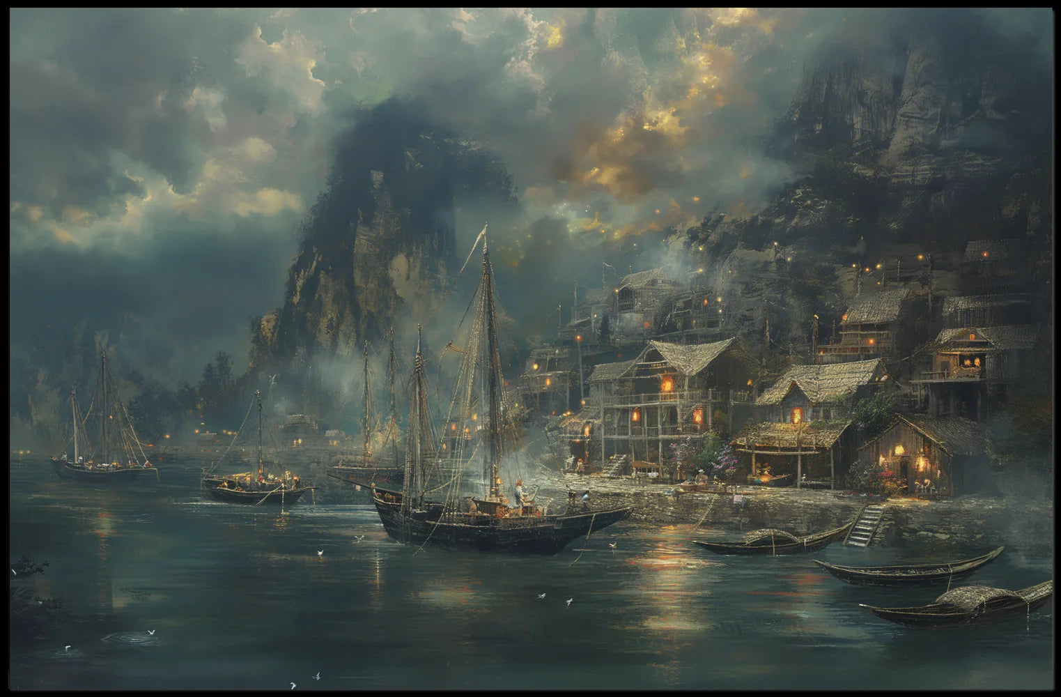 Harbor Scene: Nostalgic Maritime Fantasy Art Poster