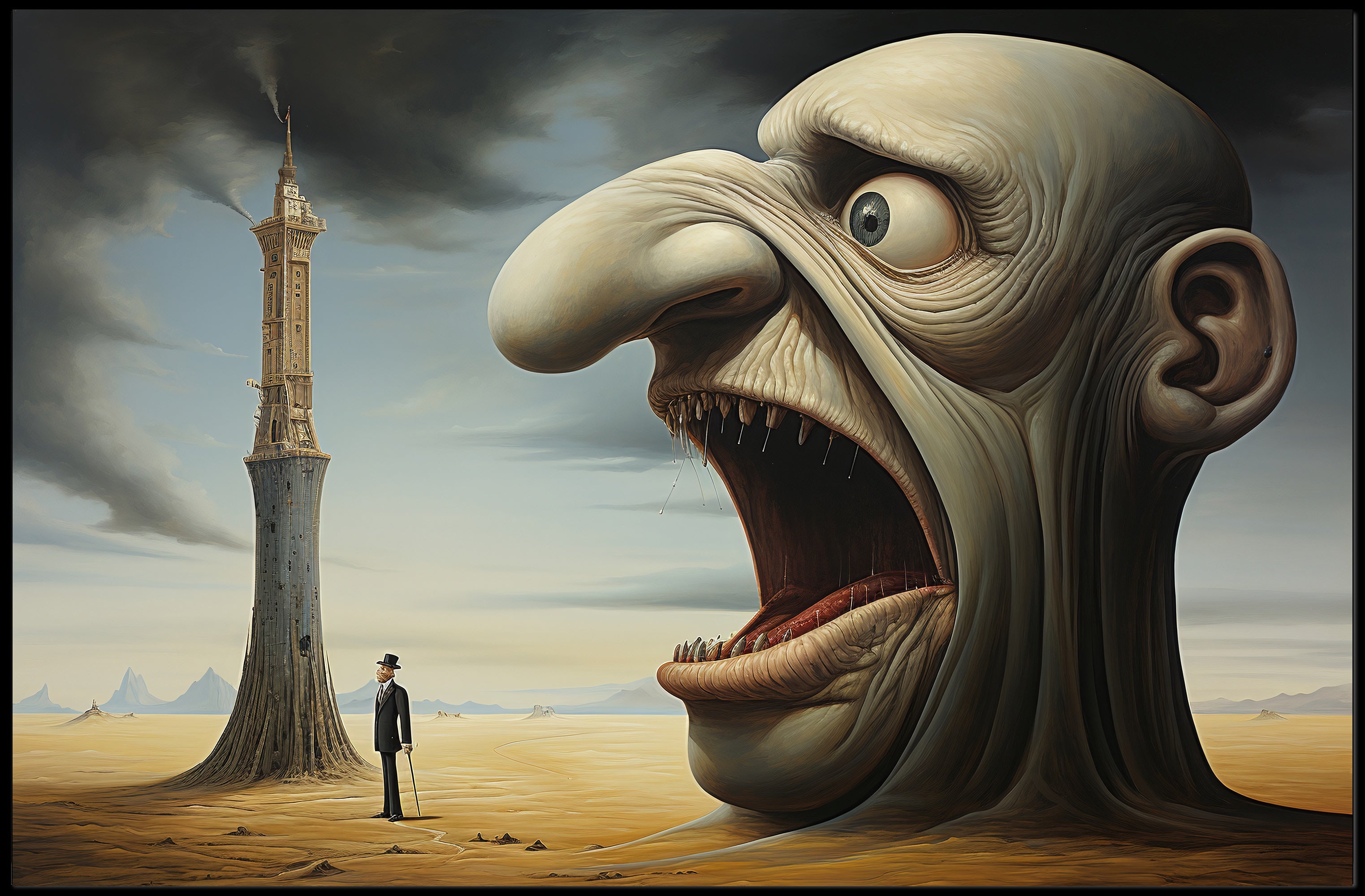 Surreal Desert Landscape with Grotesque Elements - Artistic Poster