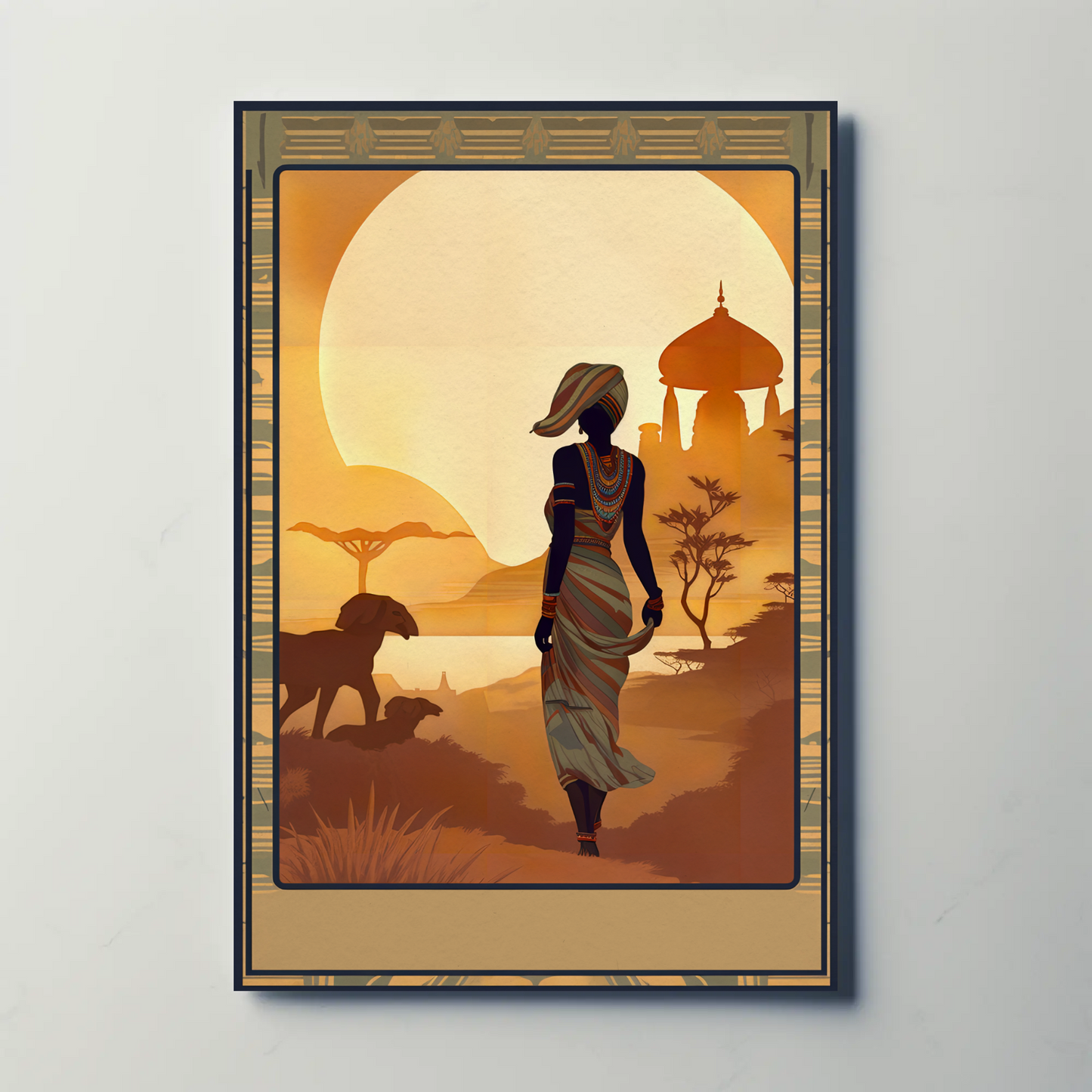 African Woman Wildlife Sunset Silhouette Travel Poster