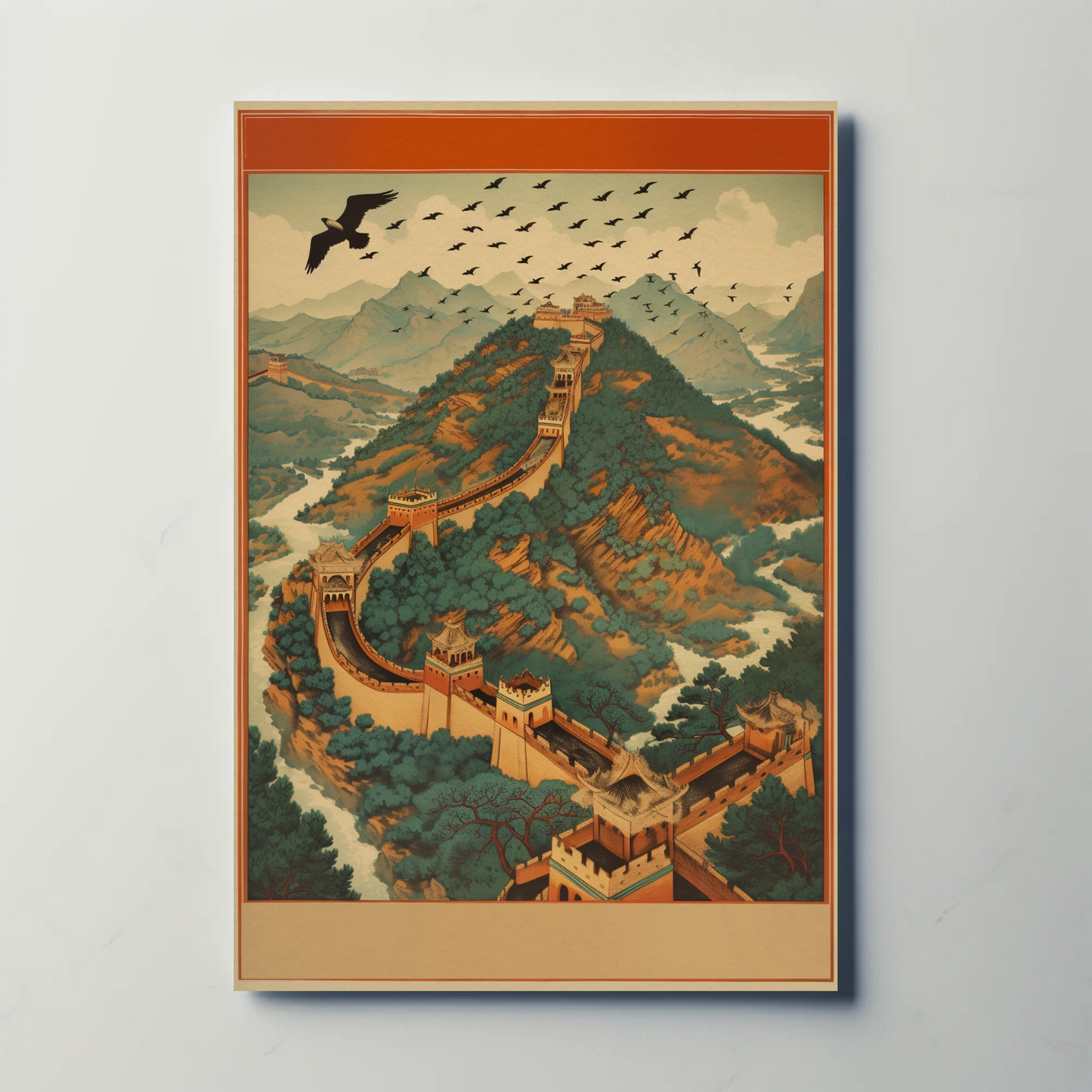 Great Wall Soaring Eagle Over Mountains Travel Poster
