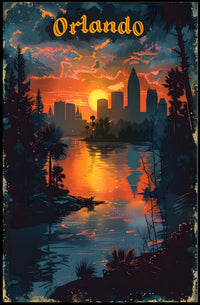 Orlando Sunset Skyline Art in Travel Poster