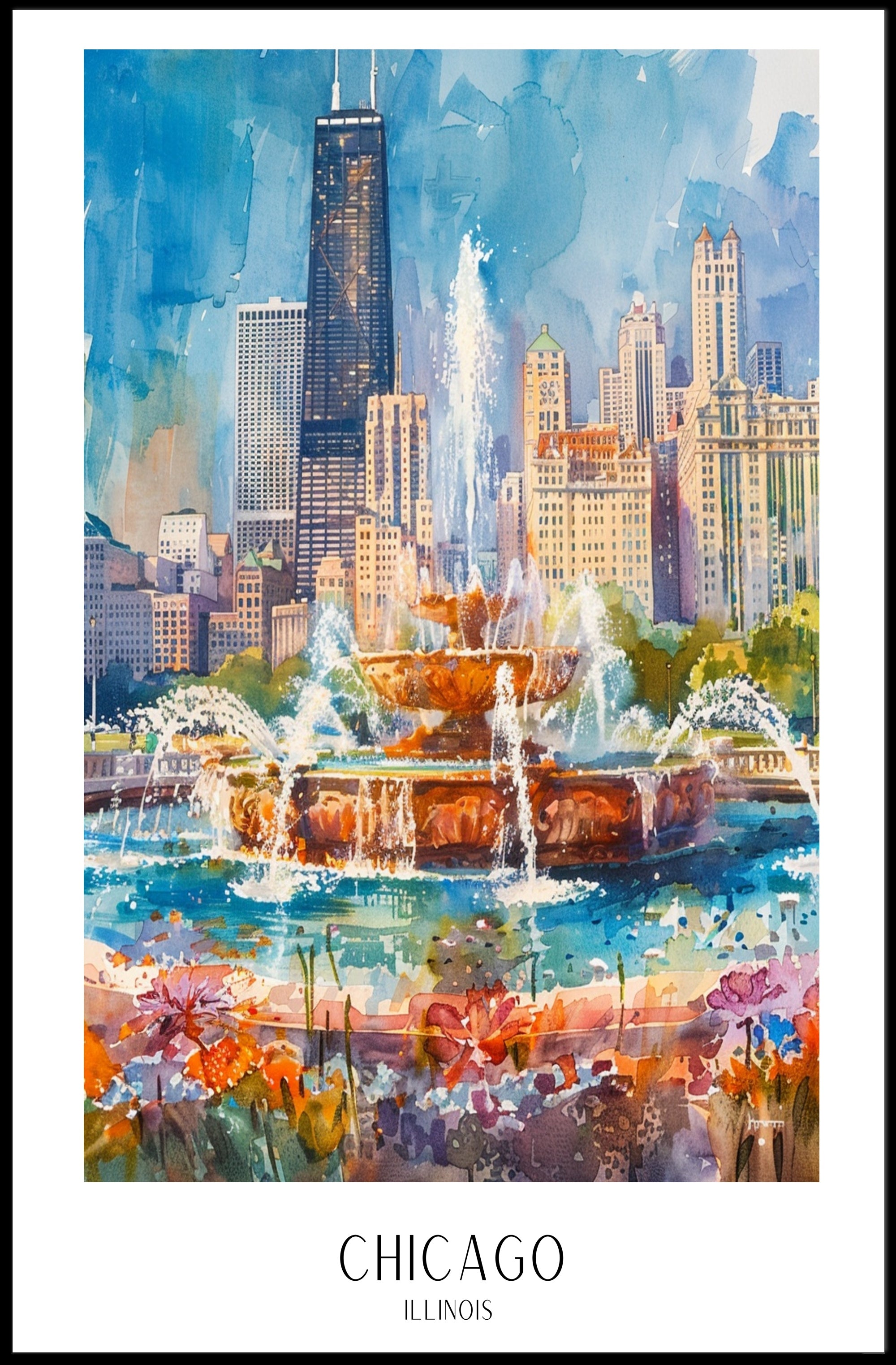 Vibrant Chicago Skyline Watercolor Urban or Cityscape Poster PosterGoat