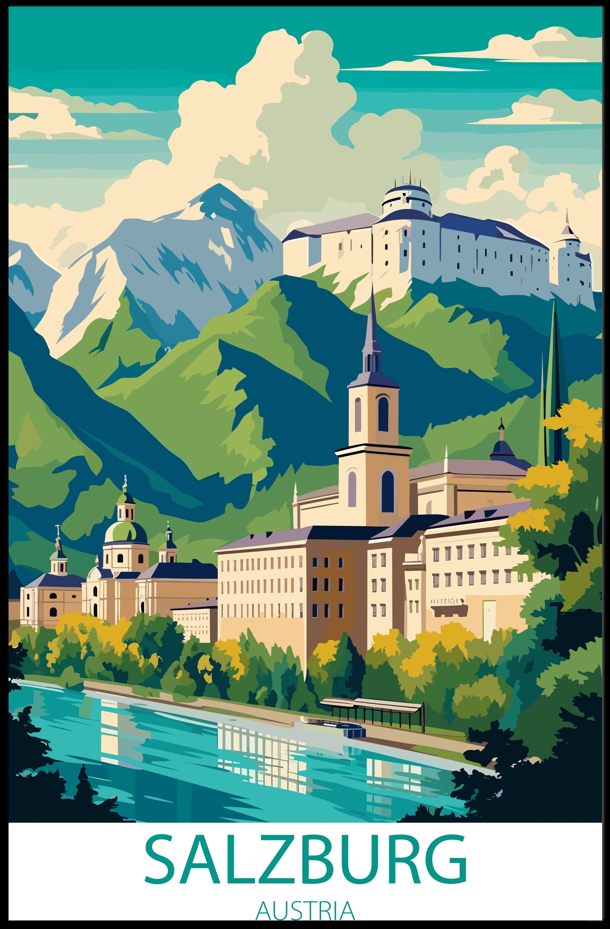 Salzburg Cityscape with Vibrant Artistic Interpretation Travel Poster