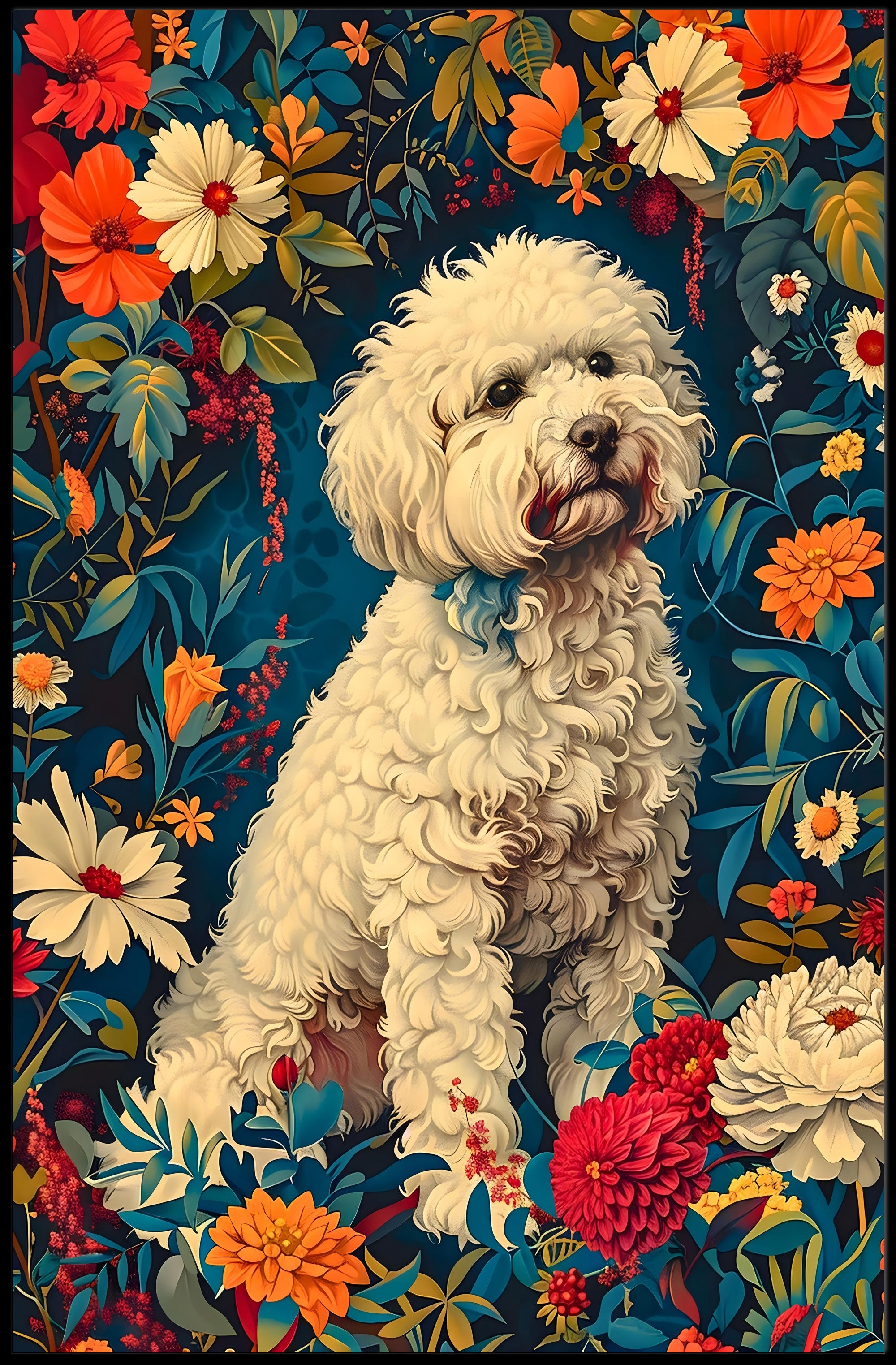 Fluffy Dog in Flower Garden Animal Poster