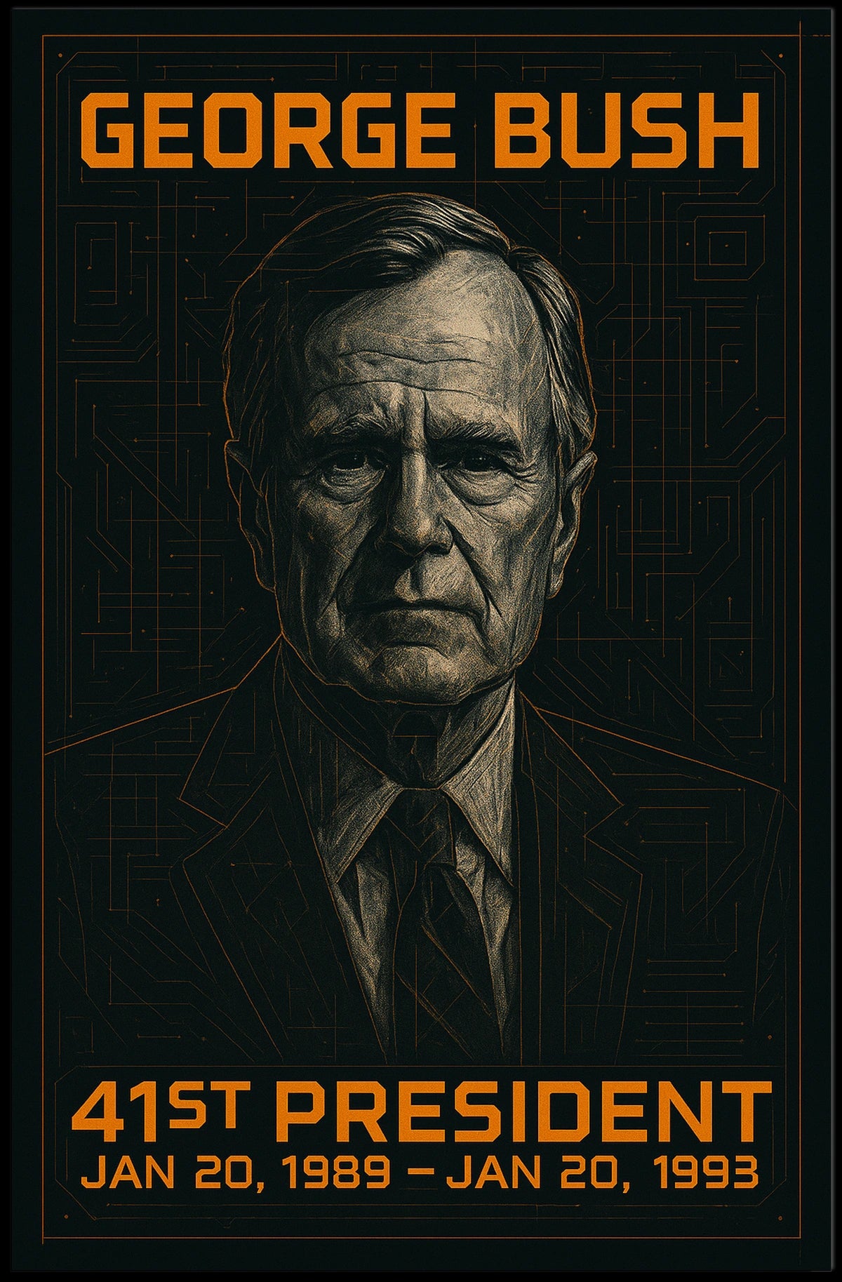 George H. W. Bush 41st President of the United States Techno Schematic Poster