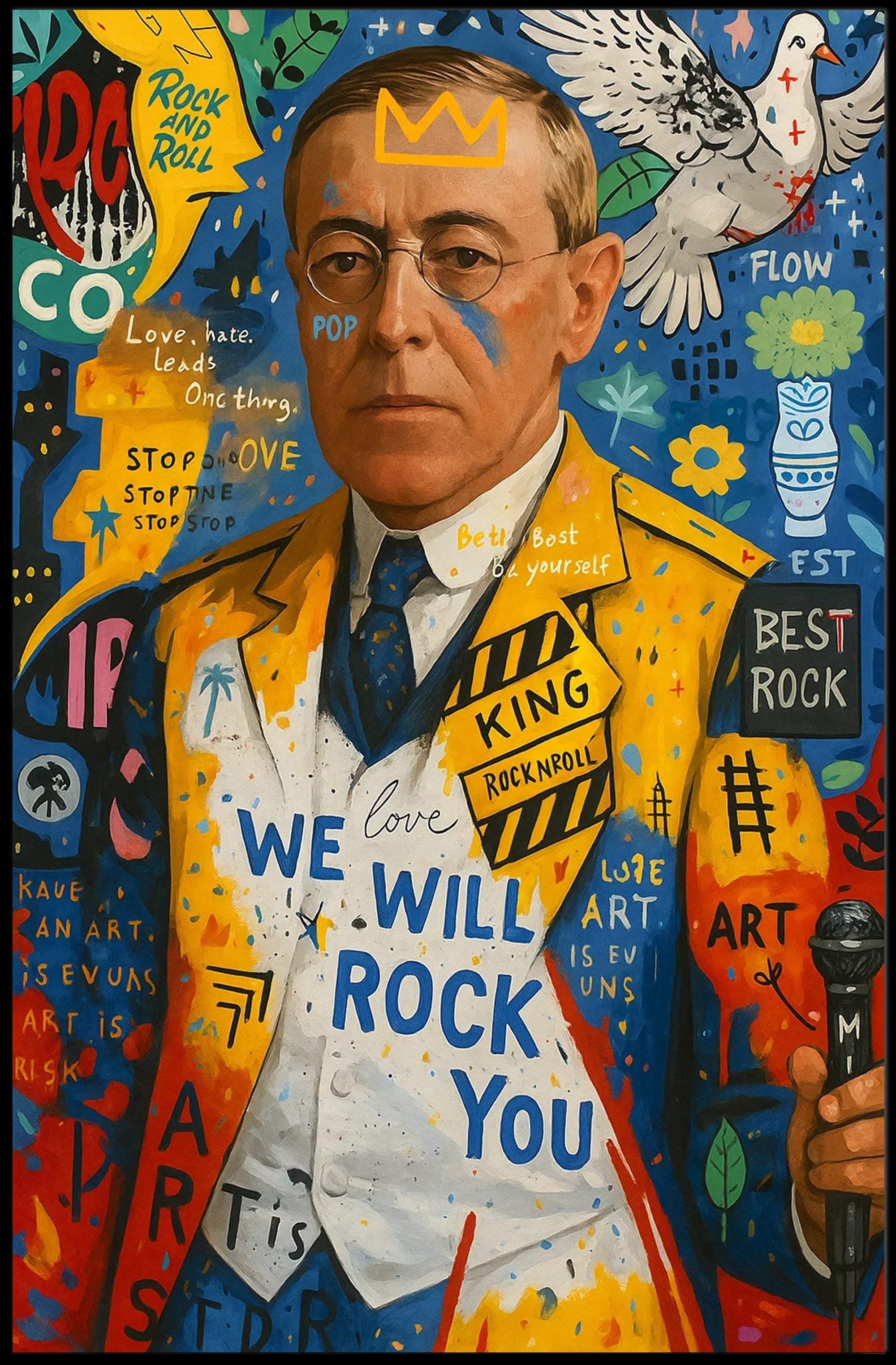 Colorful Artistic Pop Culture Poster with Dynamic Visual Elements