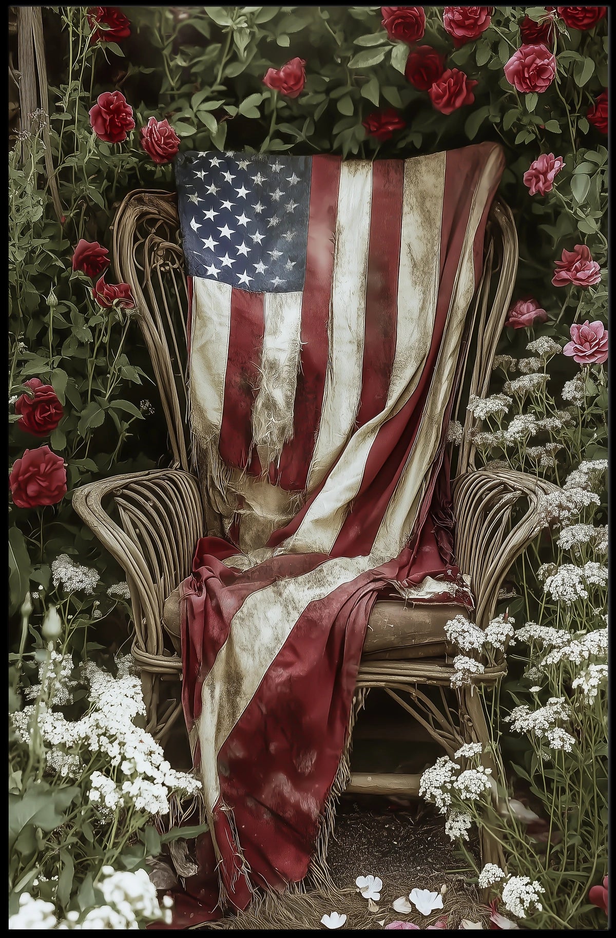 rustic garden chair with an old American flag draped Poster