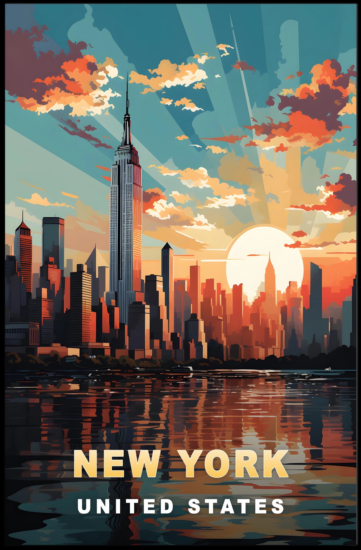 New York Cityscape Sunset View Poster Modern Wall Art