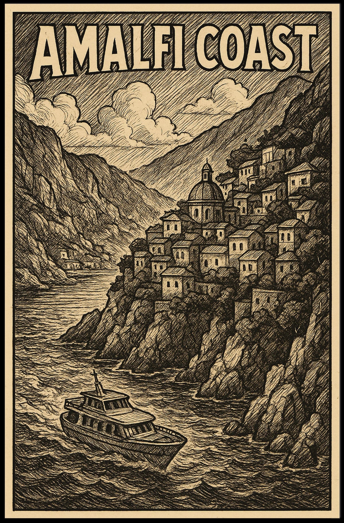 Amalfi Coast Illustration Poster 18x24 Coastal Wall Art