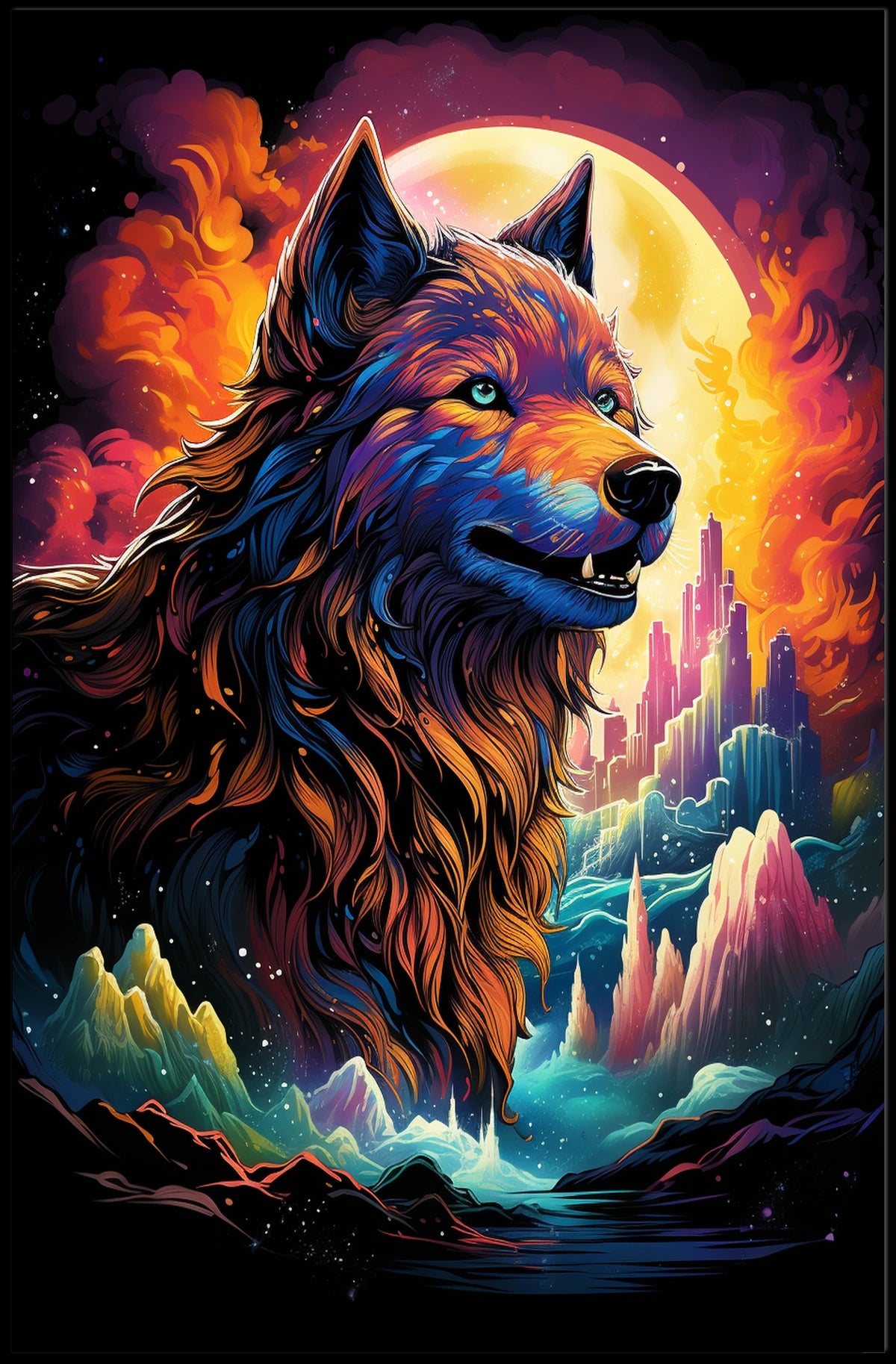 Majestic Wolf Psychedelic Landscape Art Poster