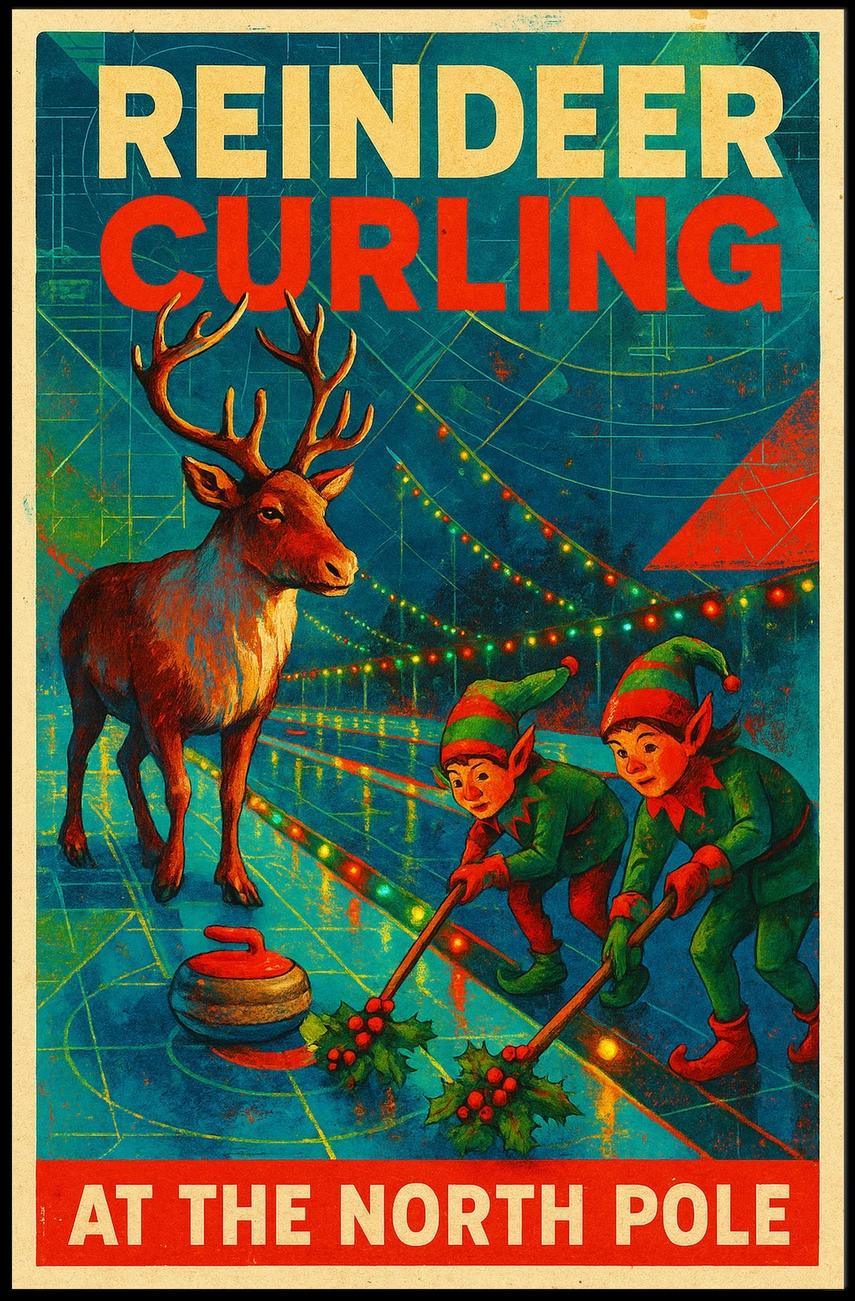 Reindeer Curling at the North Pole Poster