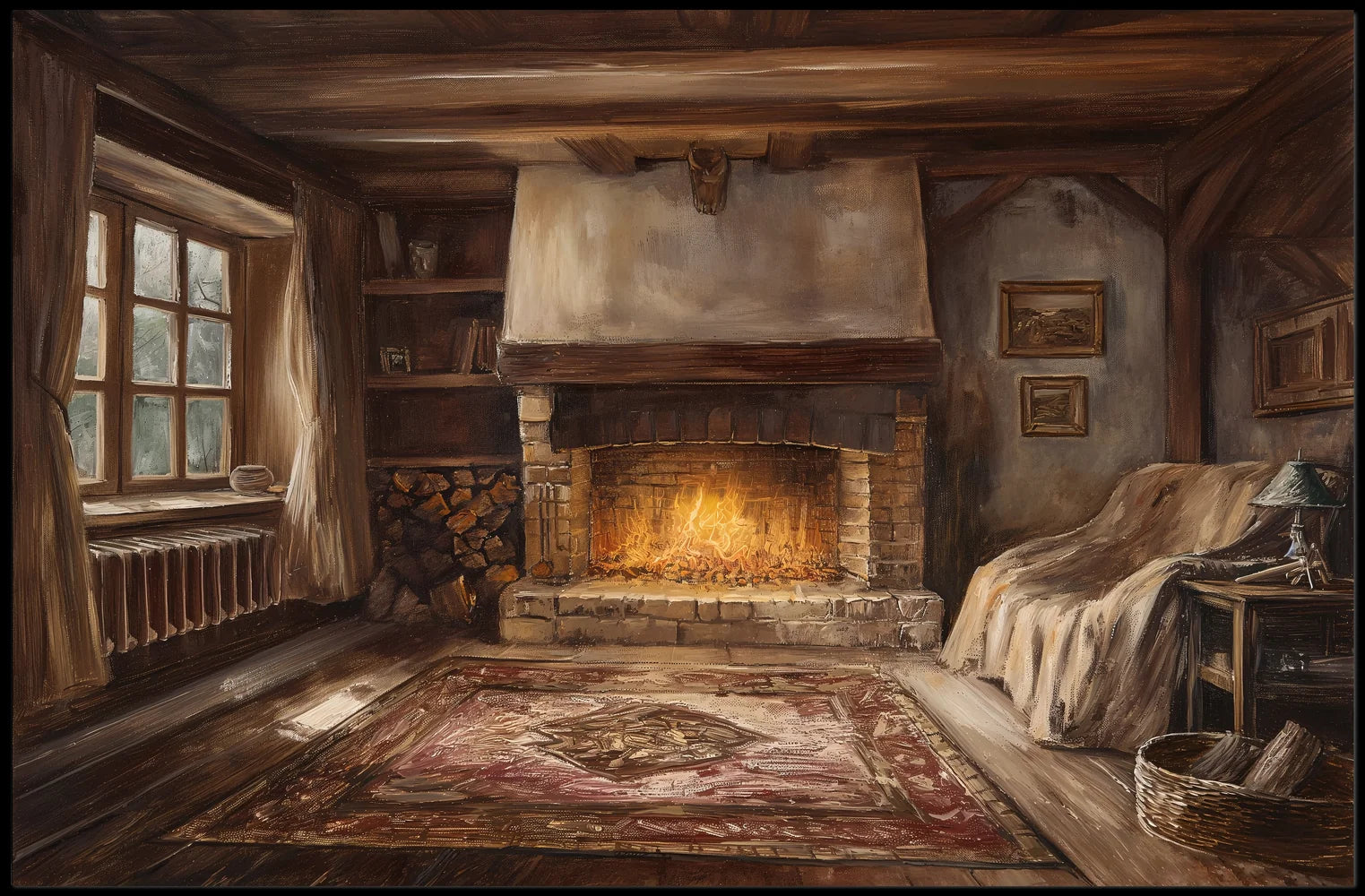 Cozy Rustic Cabin Fireplace Illustration Poster
