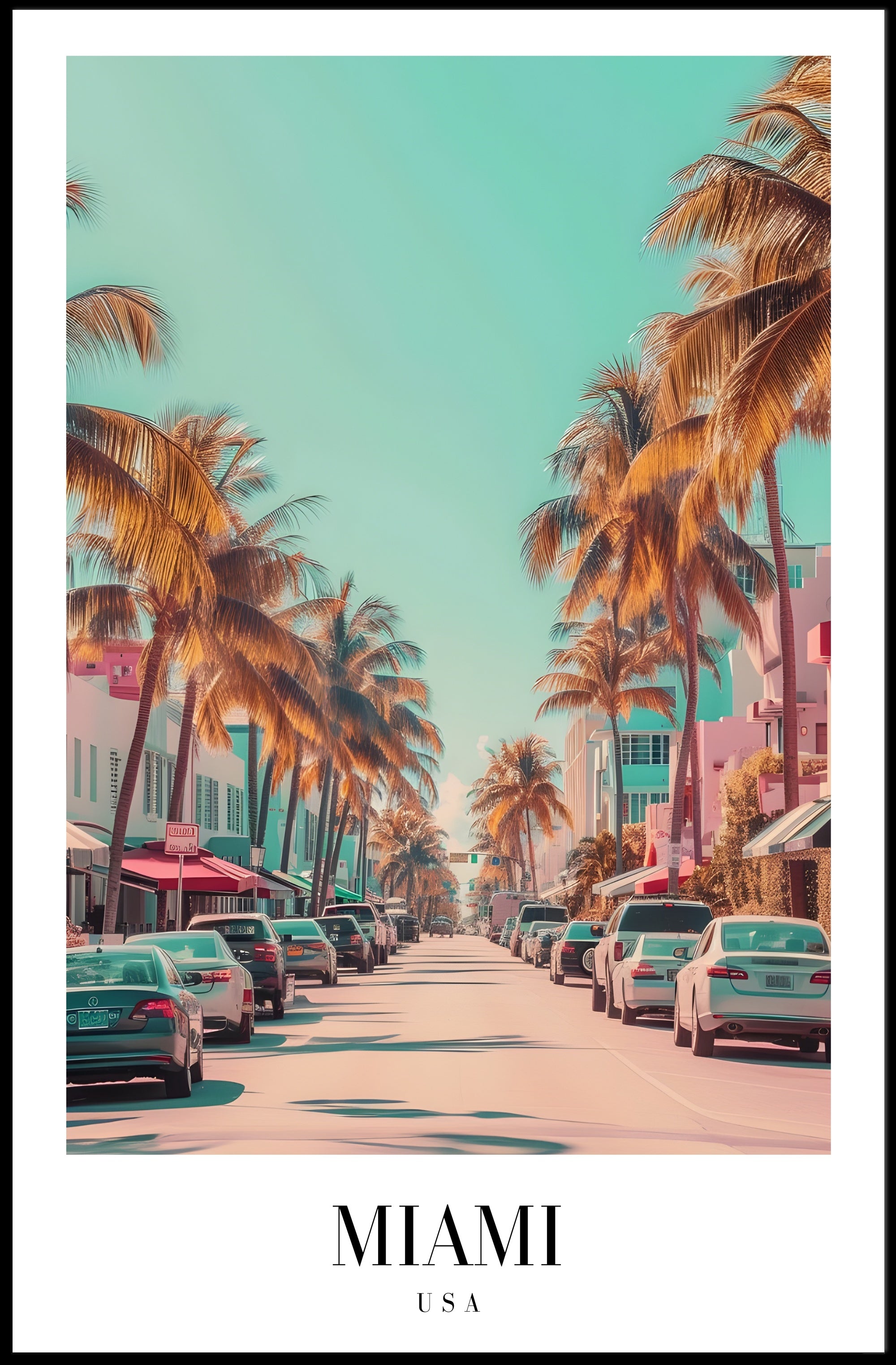 Vibrant Miami Street Scene Vintage Urban Cityscape Poster