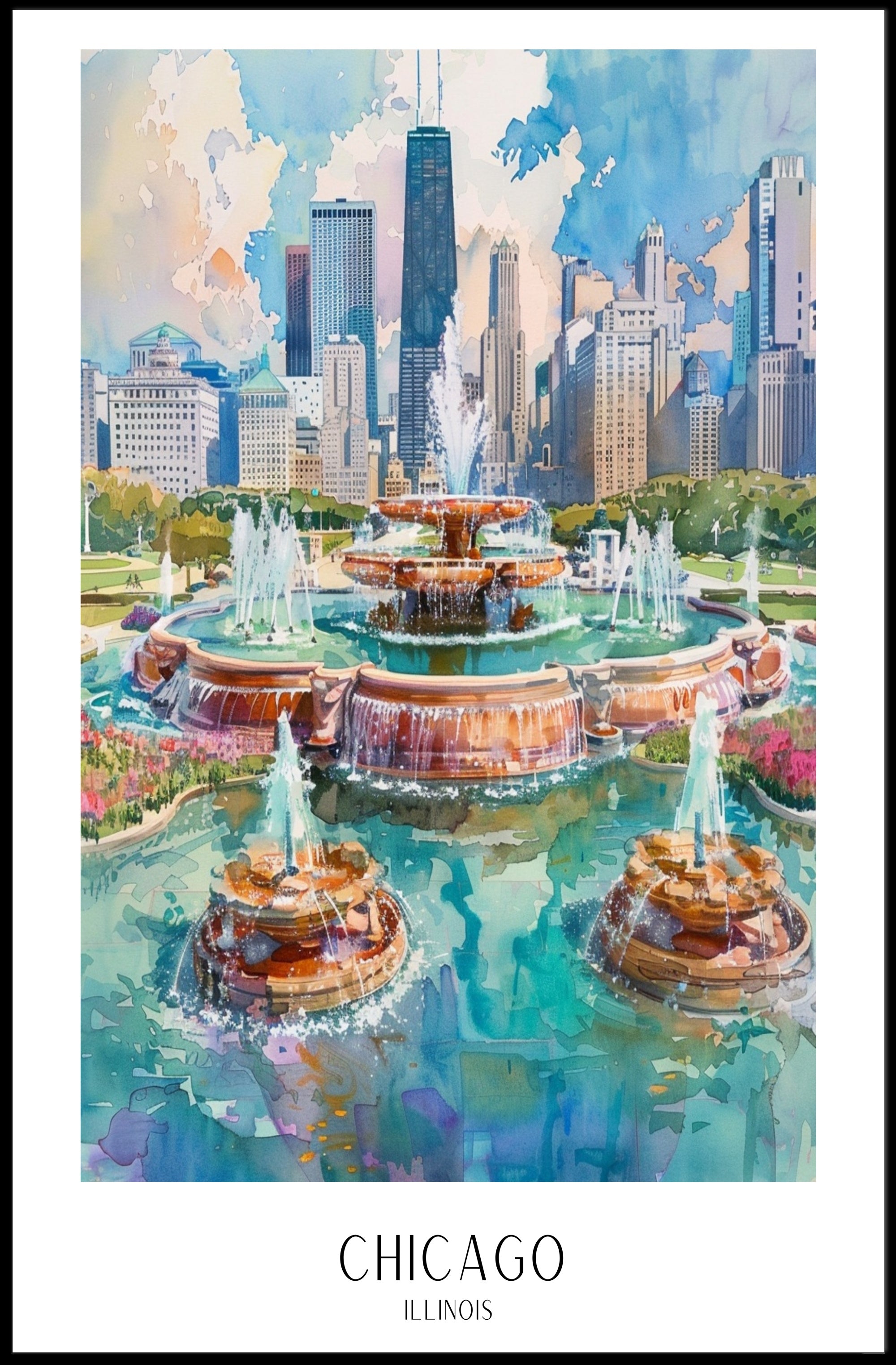 Chicago Skyline with Buckingham Fountain Urban Cityscape Poster PosterGoat