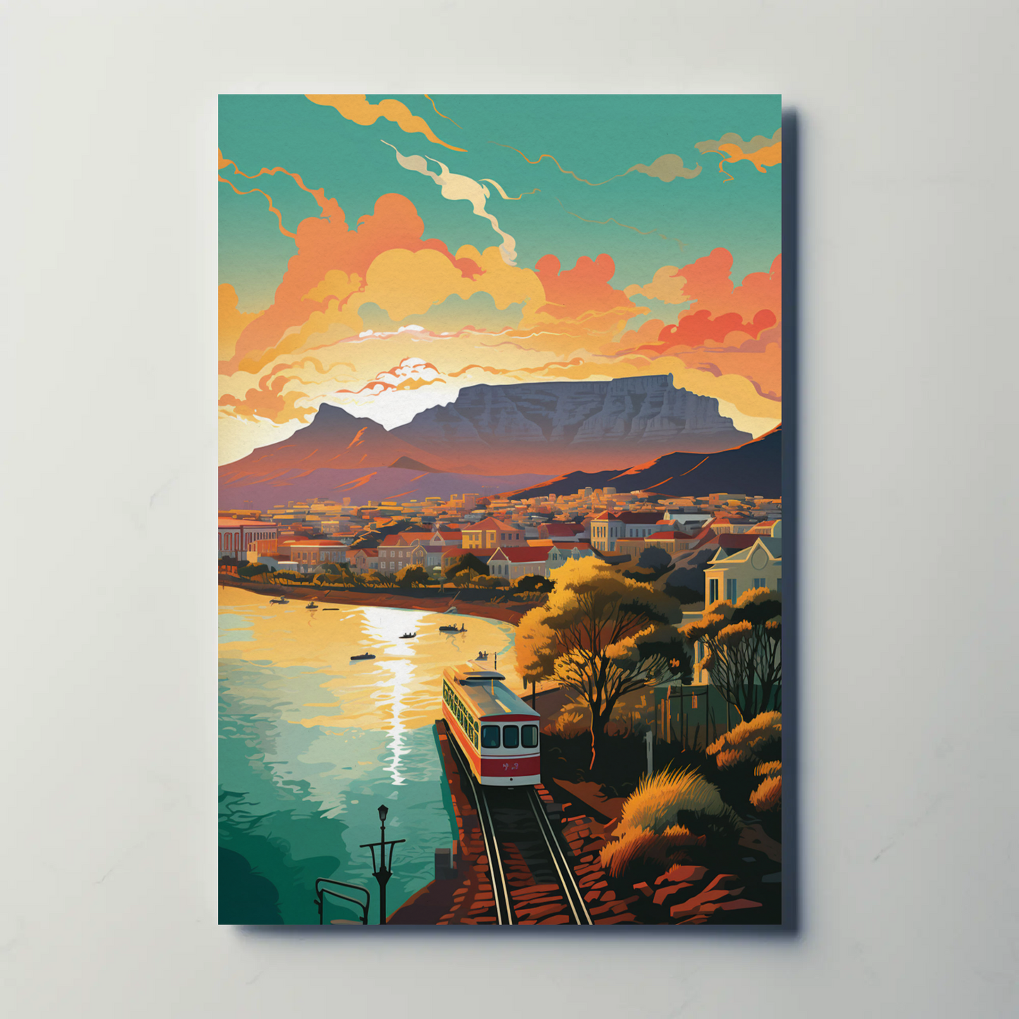 Cape Town Railway Train Coastal View Sunset Travel Poster