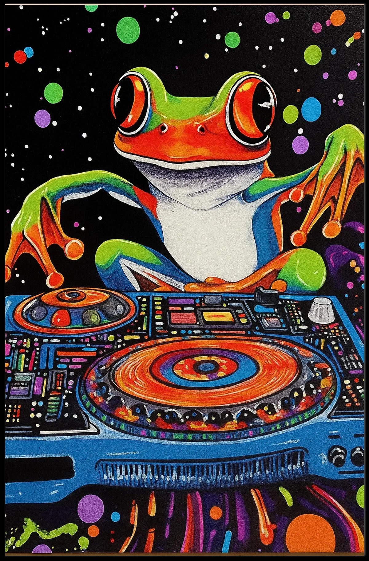 Colorful Frog DJ Vibes in Psychedelic Abstract Poster