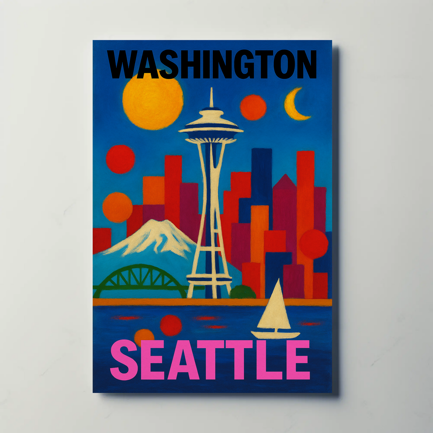 Washington Seattle Space Needle Mountains Sunset Vintage Travel Poster