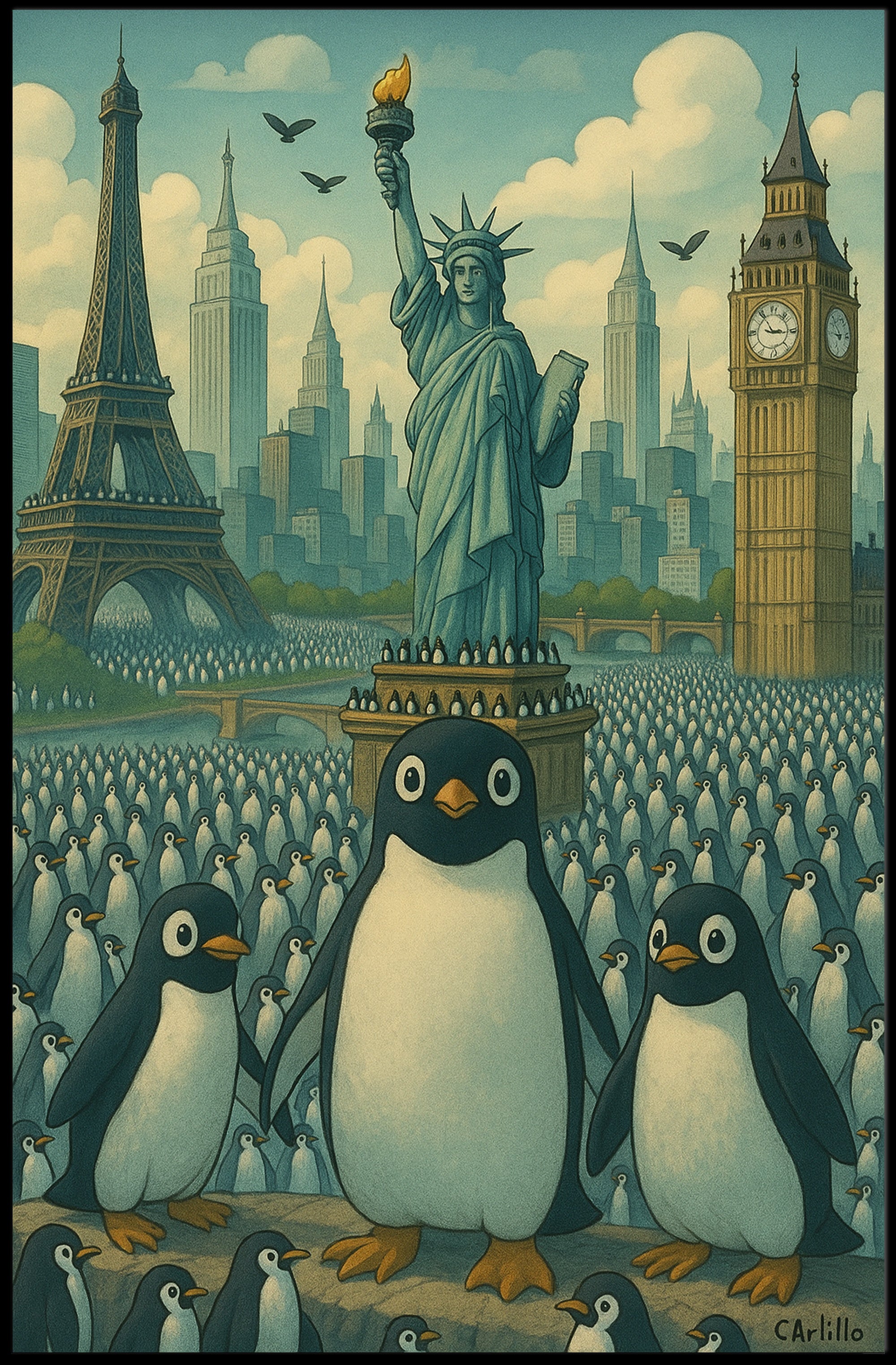 Whimsical Landmarks and Penguins Travel Poster