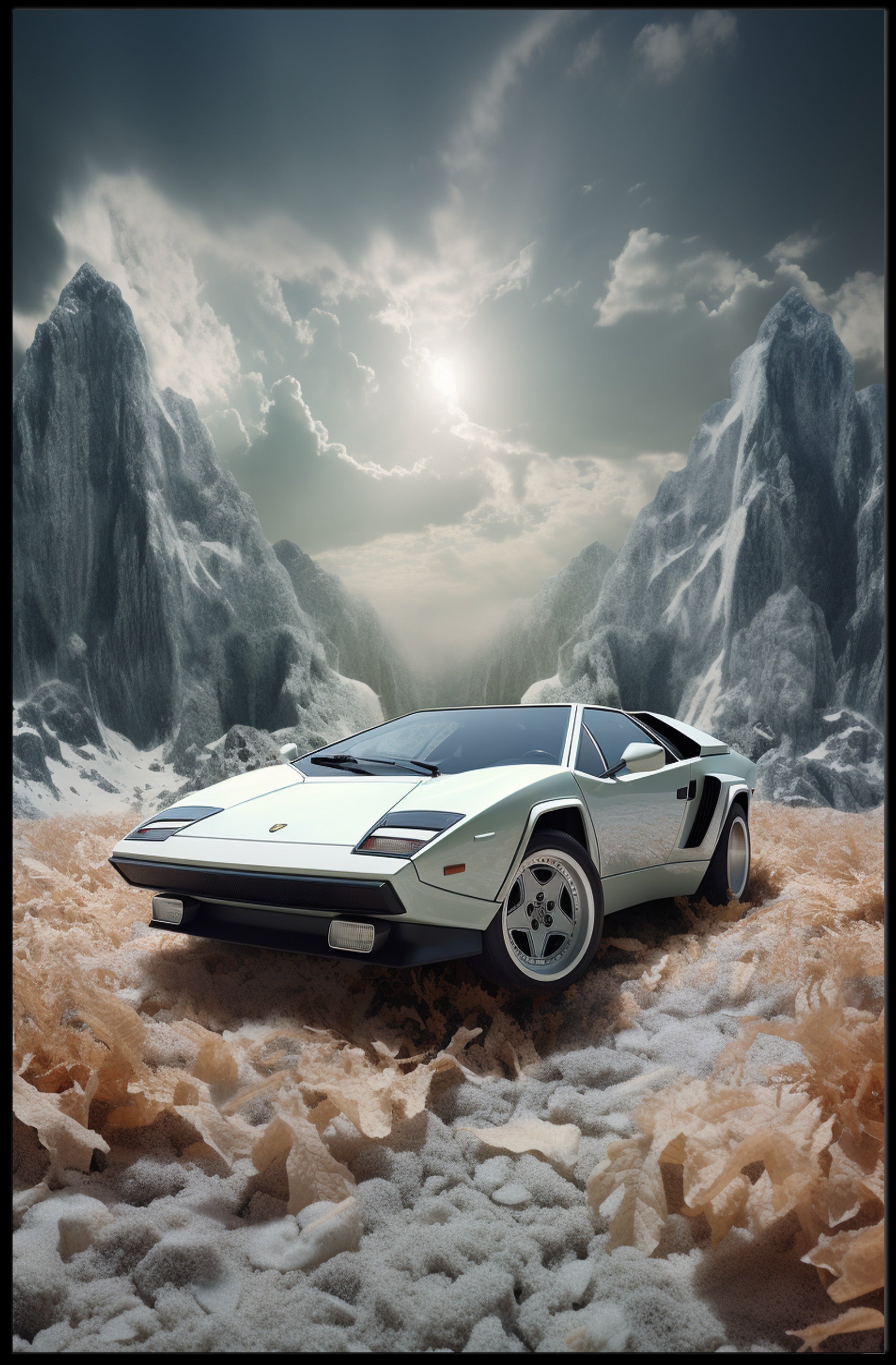 Classic Supercar in a Surreal Landscape Poster PosterGoat
