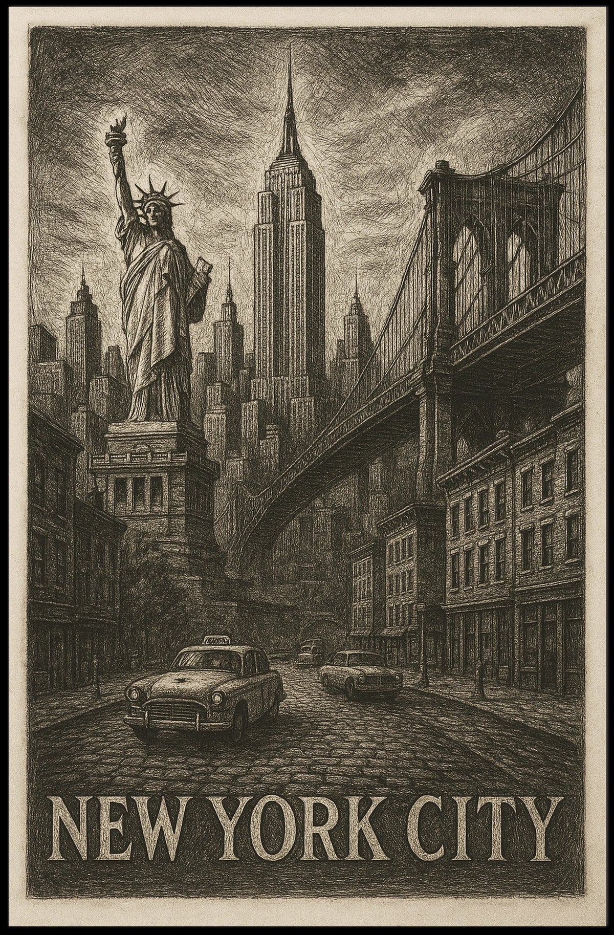 New York City Iconic Landmarks Poster Vintage Wall Art