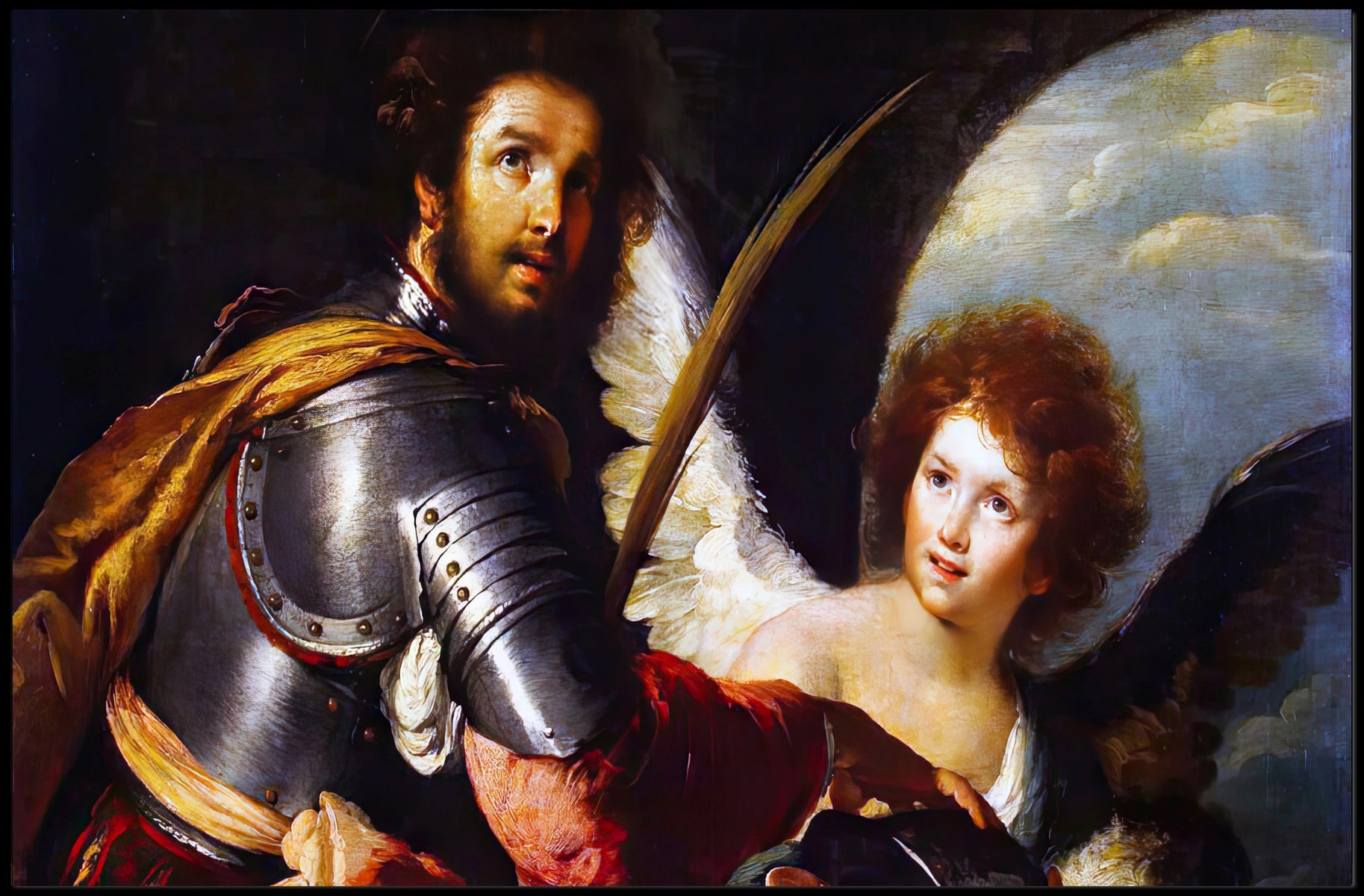 Warrior and Angelic Figure Mythology Scene Fantasy Poster