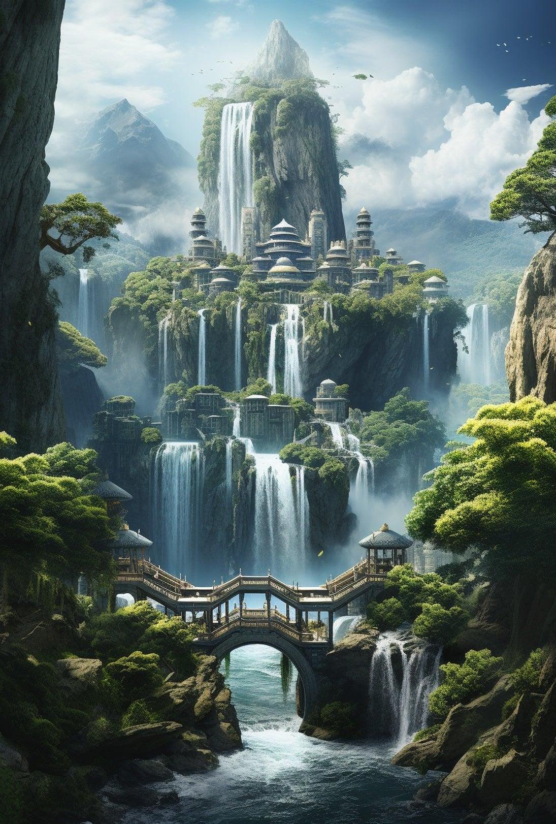 Mythical City in Enchanting Mountains Futuristic Sci-Fi Poster