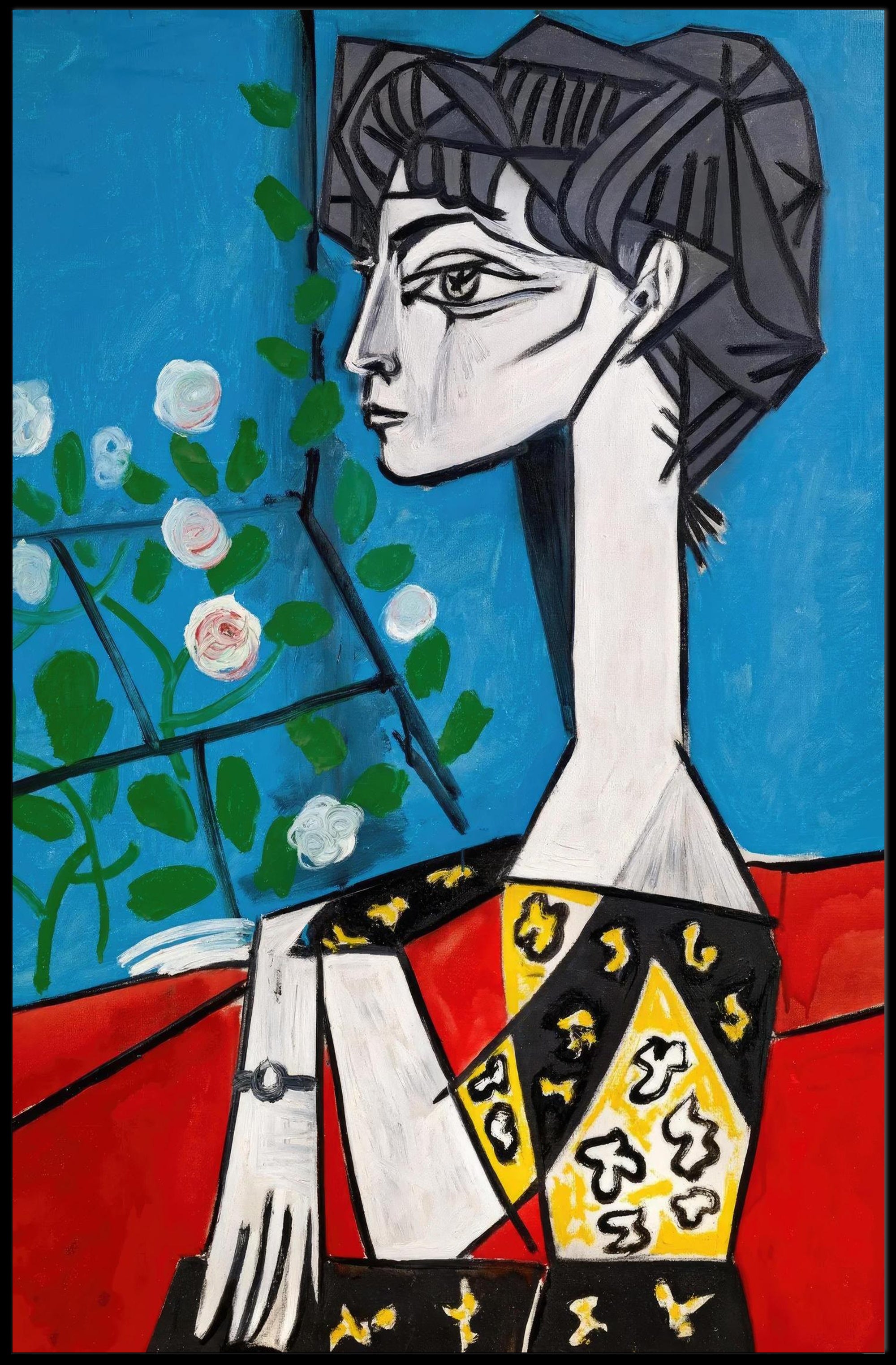 Cubist Portrait with Flowers Poster