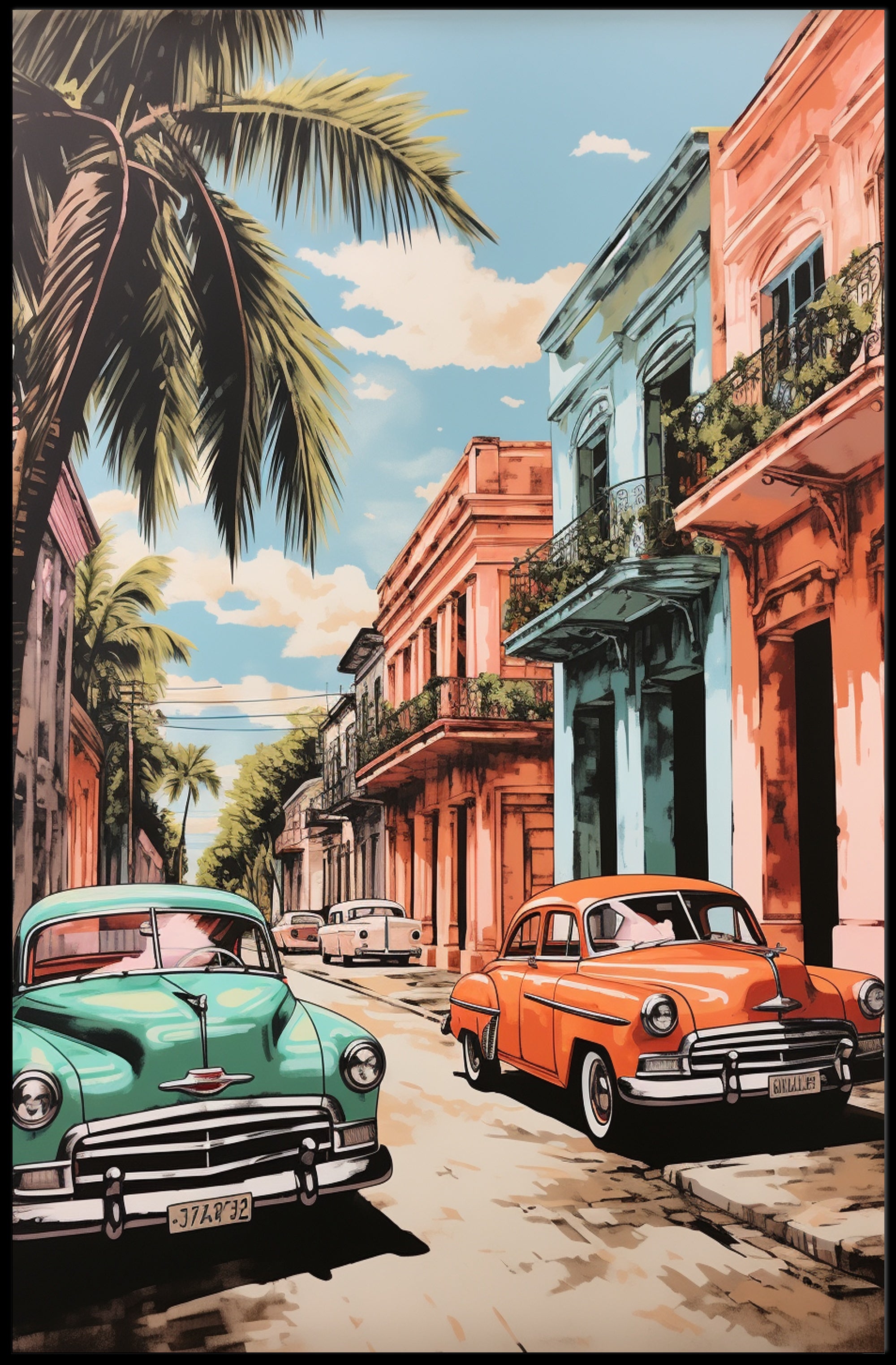 Vintage Cars In A Tropical Street Poster