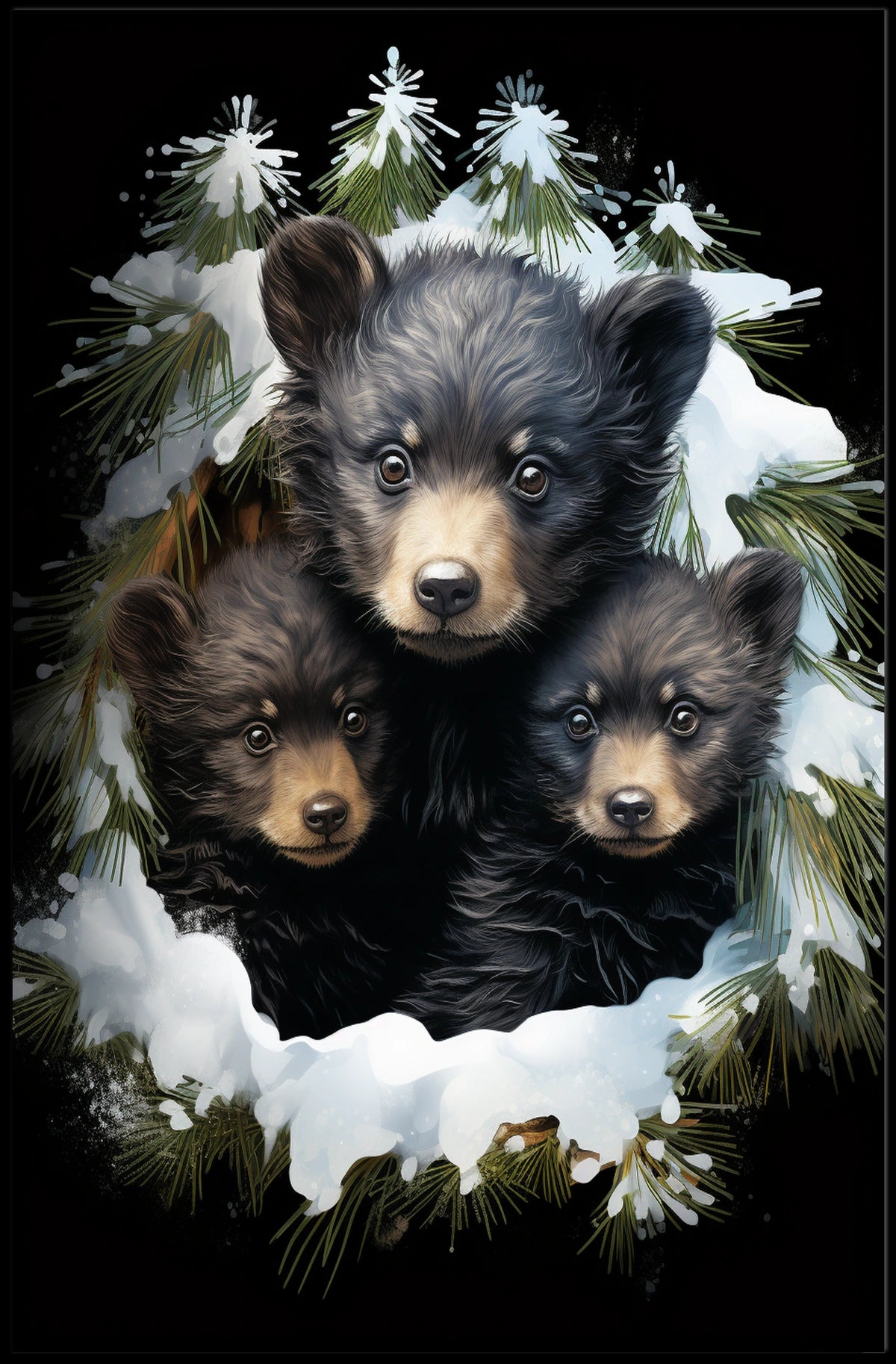 Winter Forest Bear Cubs Photorealistic Art Poster