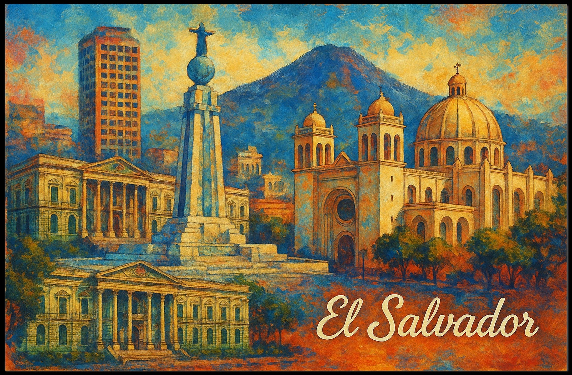 El Salvador Landmarks Travel Digital Painting Poster