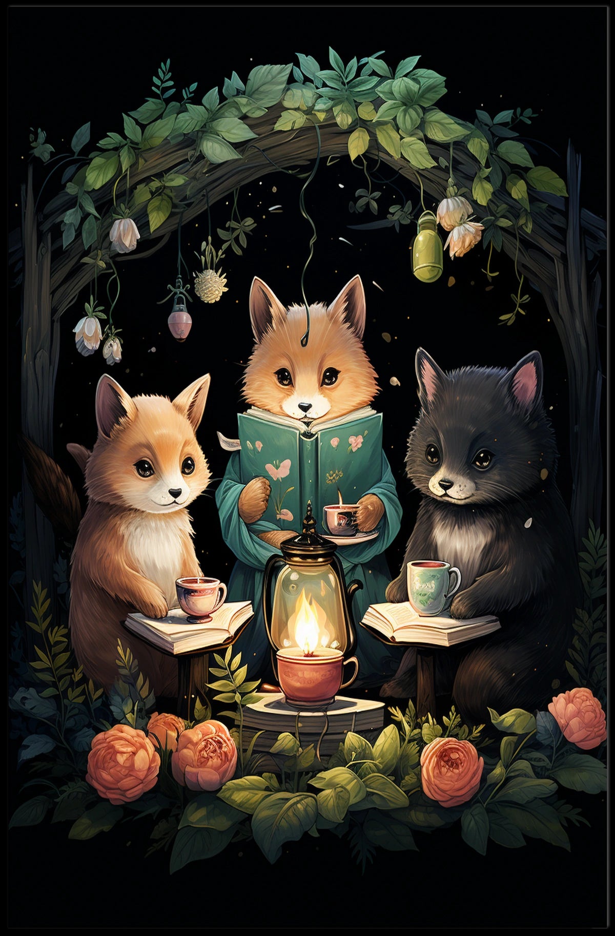 Whimsical Foxes Lantern Reading Forest Poster