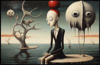 Surreal Humanoid with Red Sphere Hat Artistic Poster