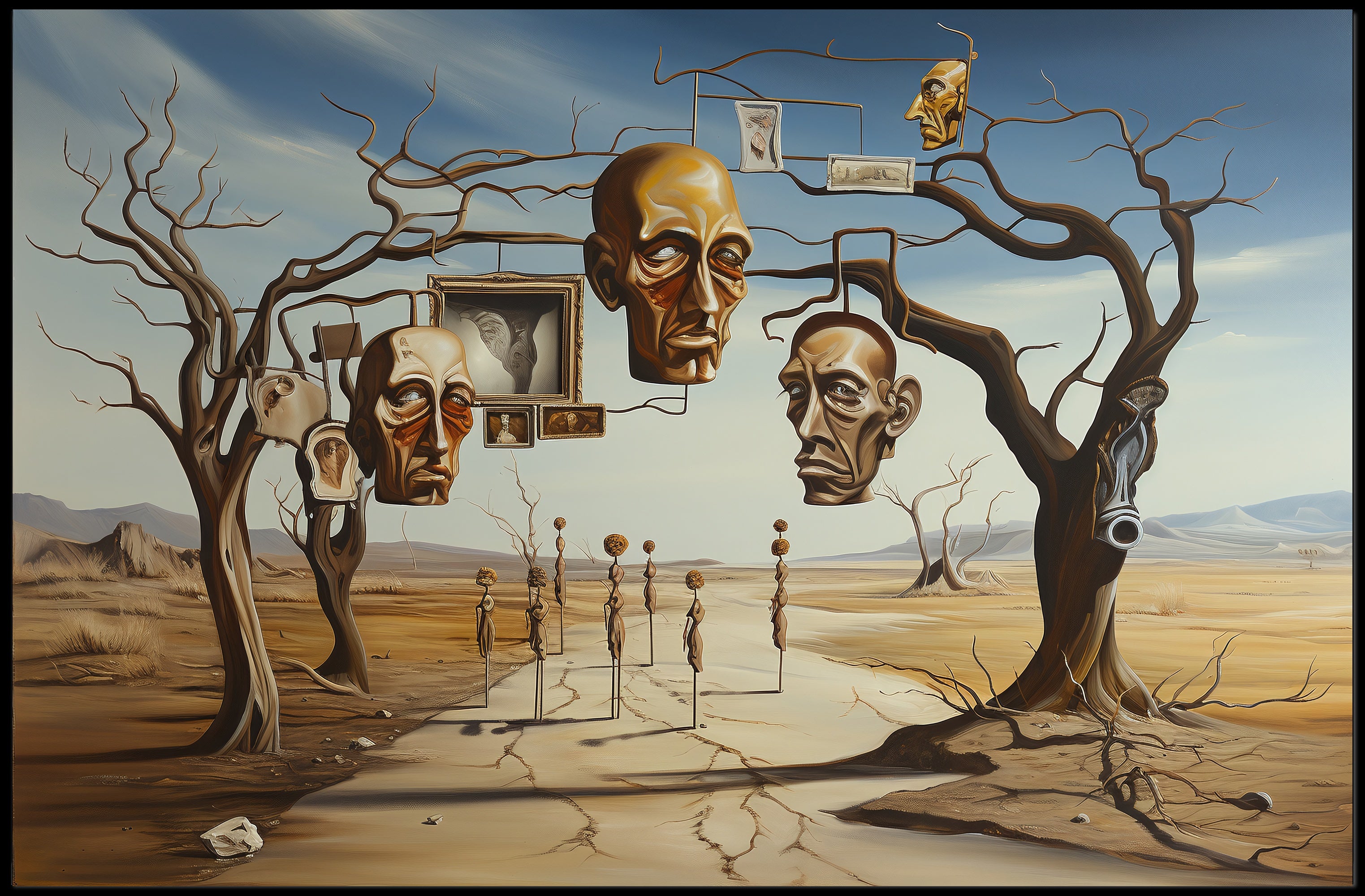 Surreal Desertscape with Floating Bronze Heads Artistic Poster