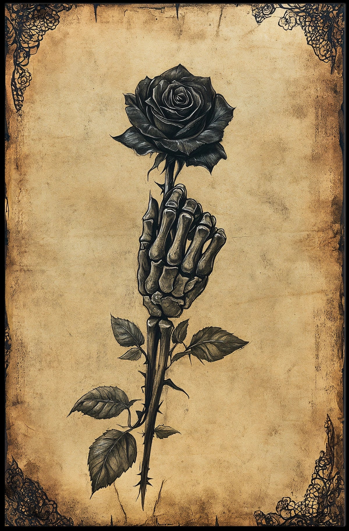 Gothic Skeletal Hand and Black Rose Artistic Poster