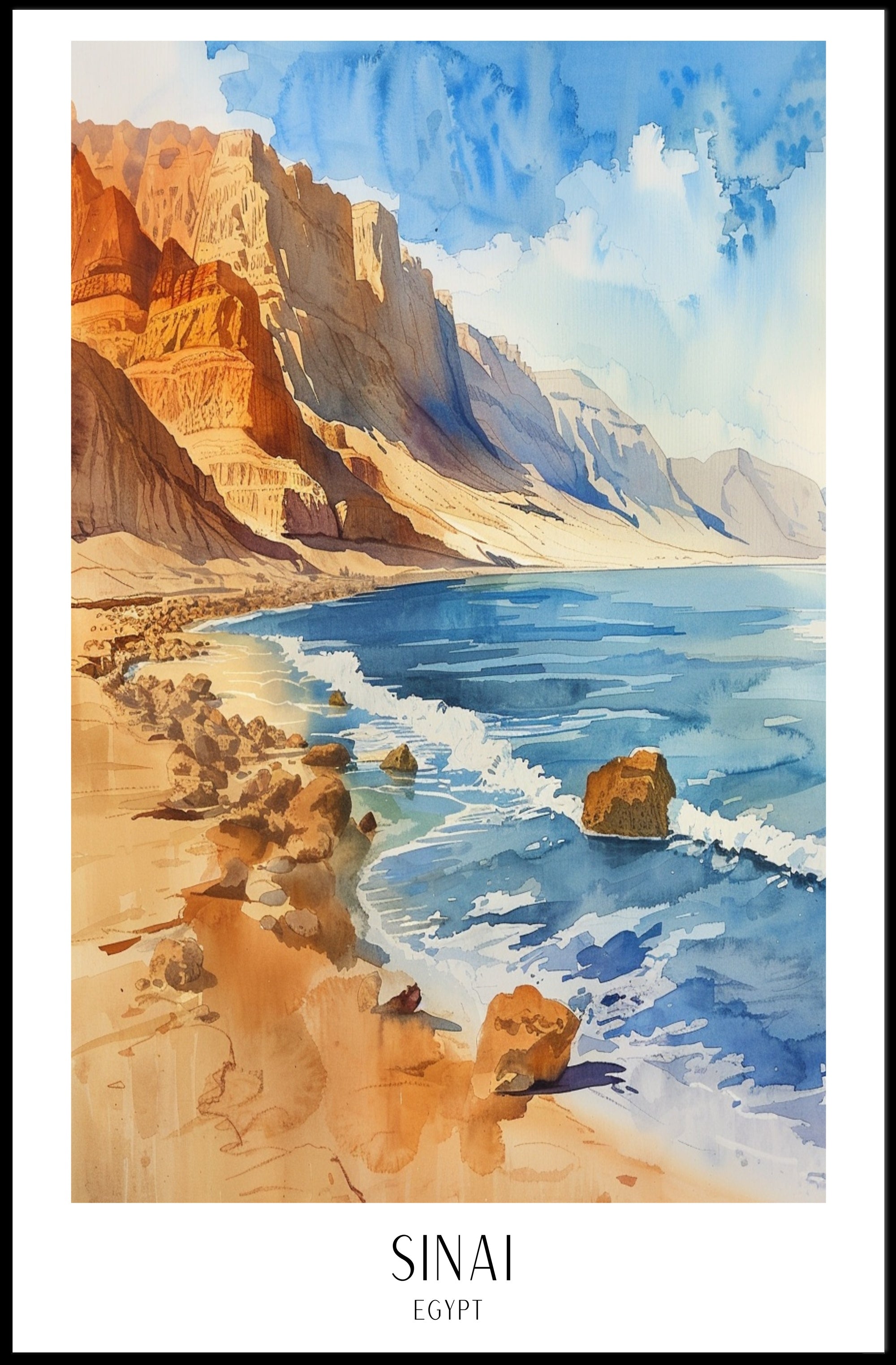 Picturesque Sinai Coastal Scene in Watercolor Travel Poster PosterGoat
