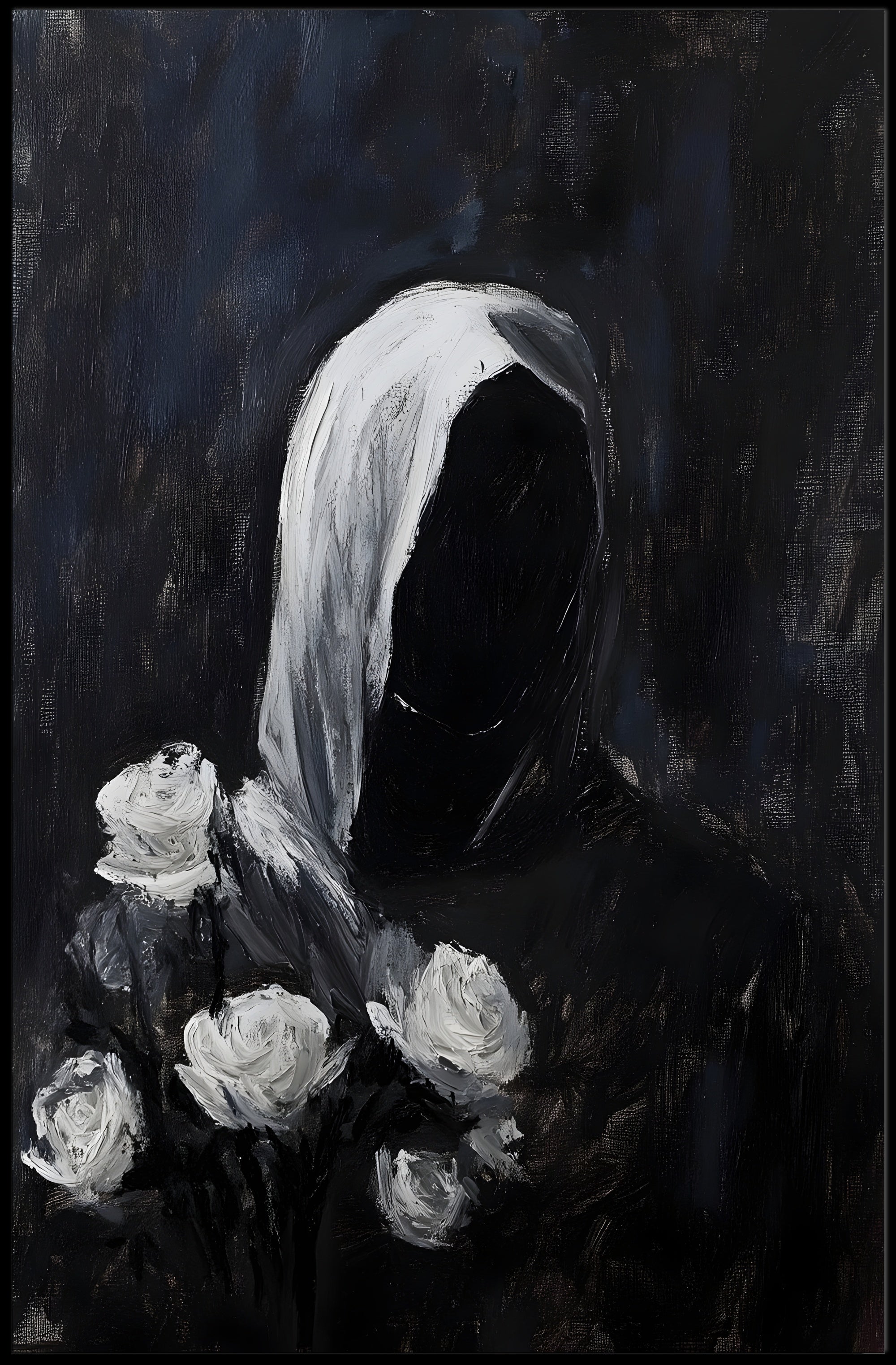 Cloaked Figure with Roses Abstract Artistic Poster PosterGoat