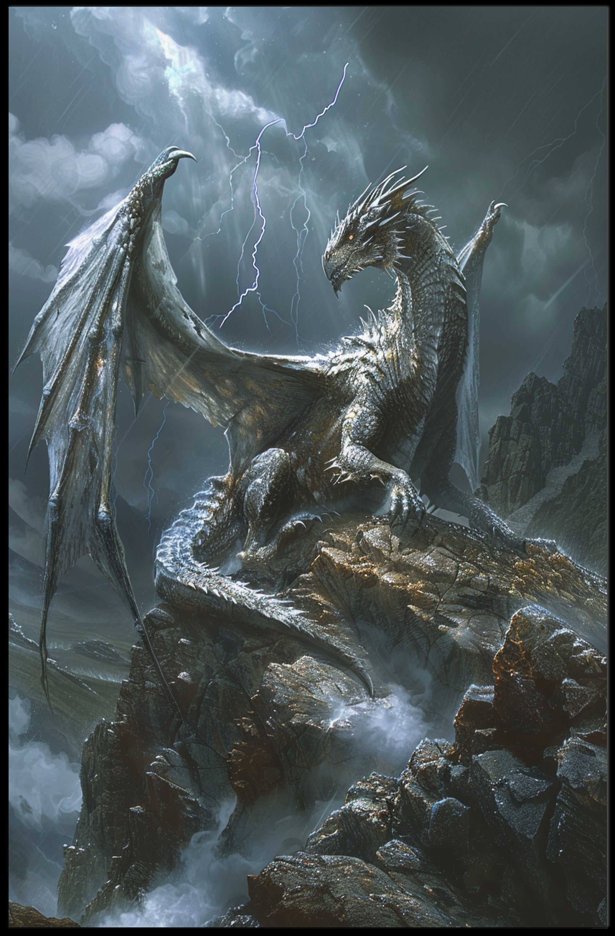 Majestic Silver Dragon Fantasy Mythology Poster PosterGoat