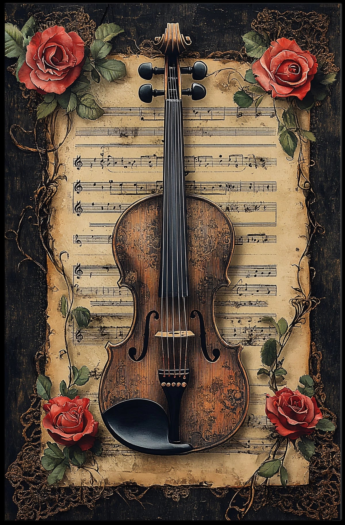 Vintage Violin & Roses Scene Elegant Artistic Poster