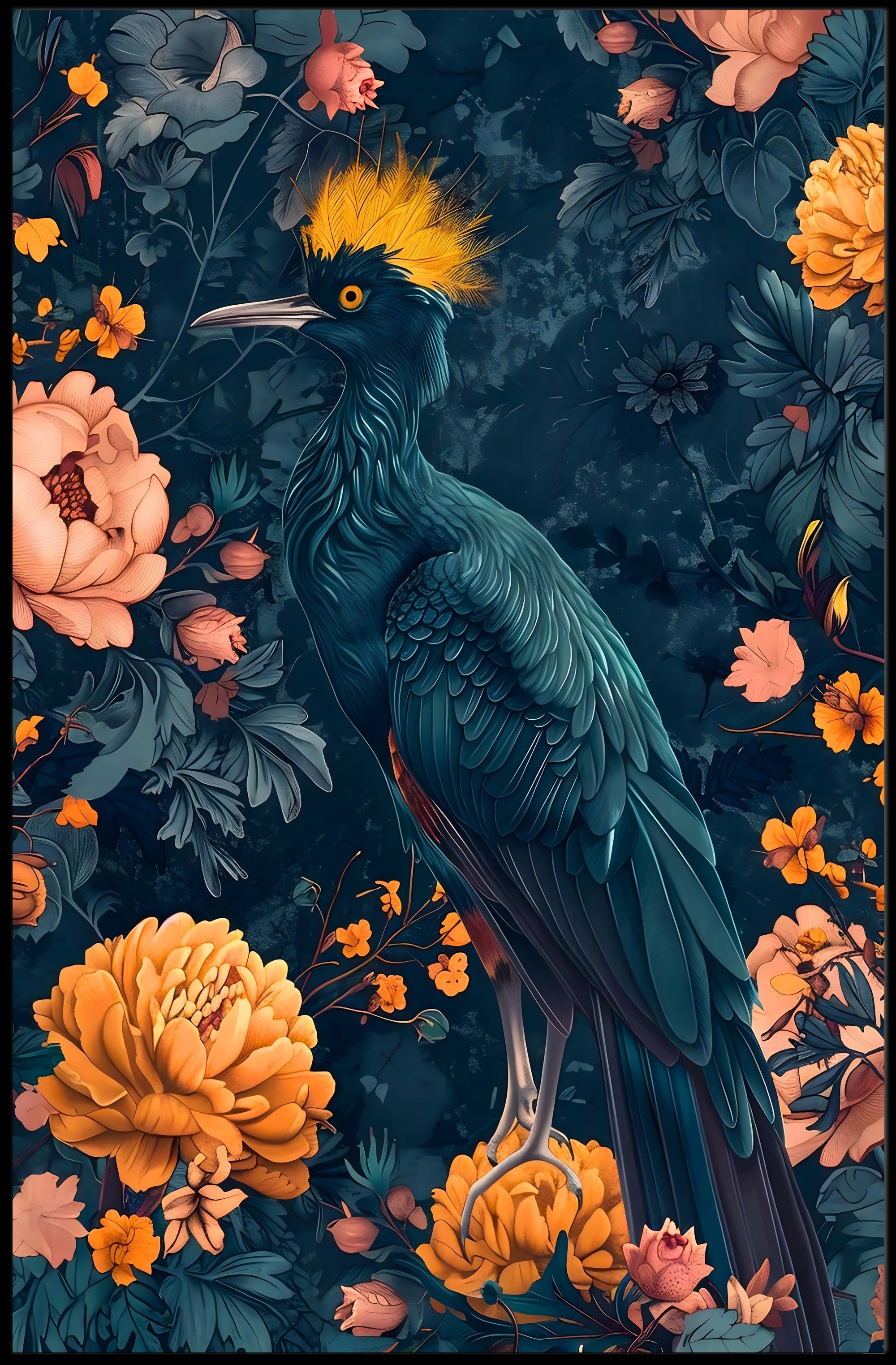 Vibrant Blue Bird with Floral Lush Animal Poster