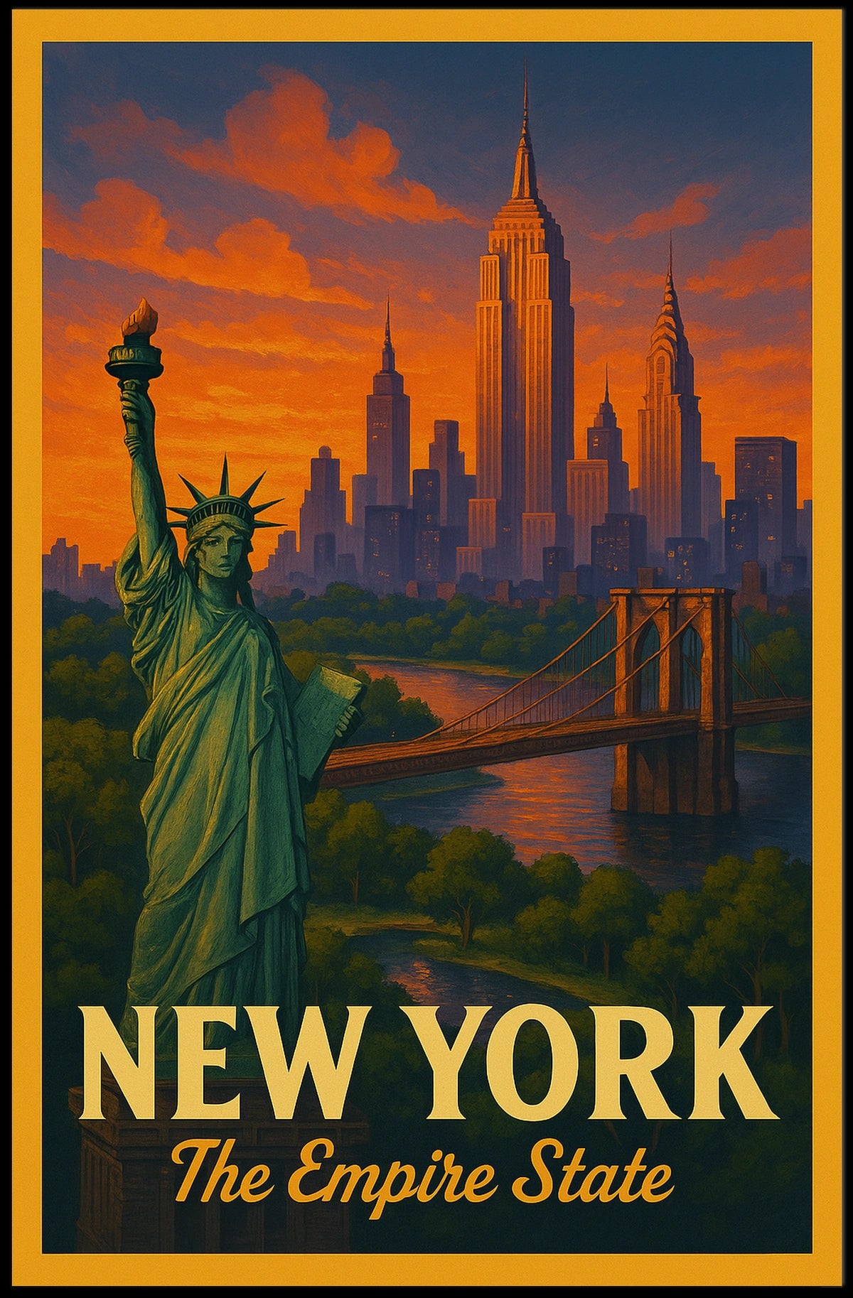 New York City Landmarks At Sunset Poster Vintage Wall Art