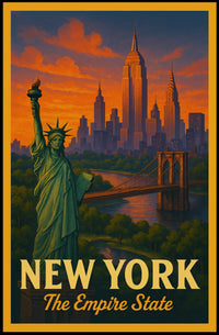 New York City Landmarks At Sunset Poster Vintage Wall Art