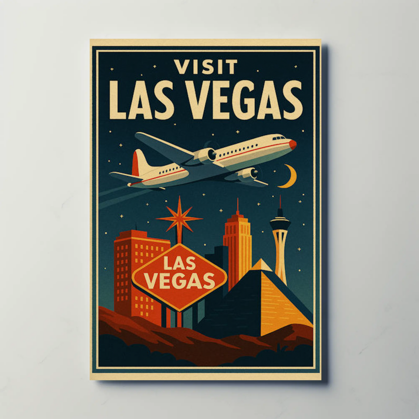 Visit Las Vegas Stylized Airliner Night Neon Glow Travel Poster