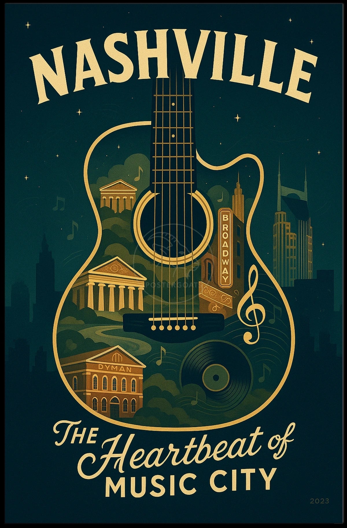 Nashville Music City Guitar Art Vintage Music Poster