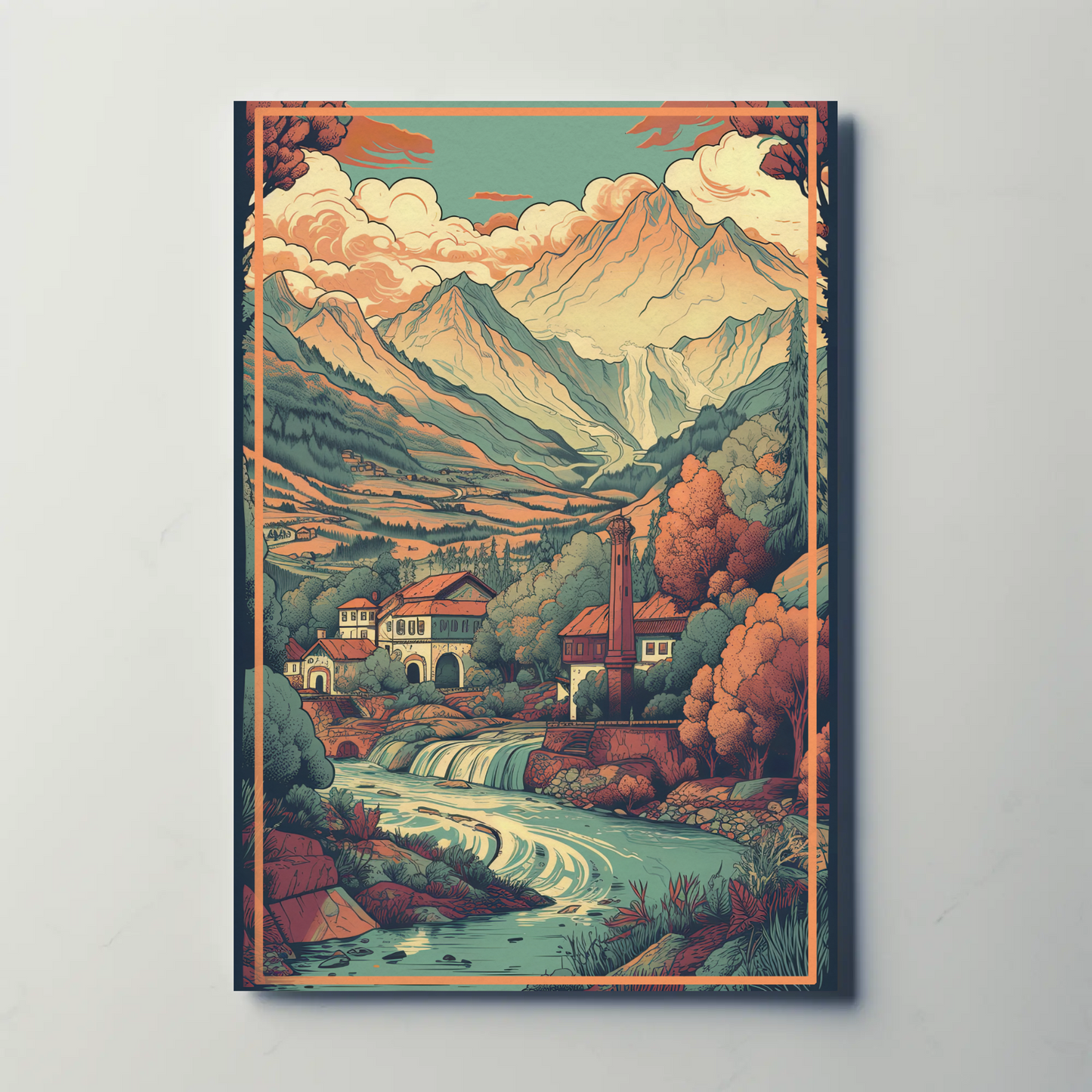 Alpine Village Waterfall And Peaks Travel Poster