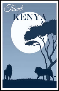 Kenya Silhouette Travel Print with Majestic Lions and Moonlight