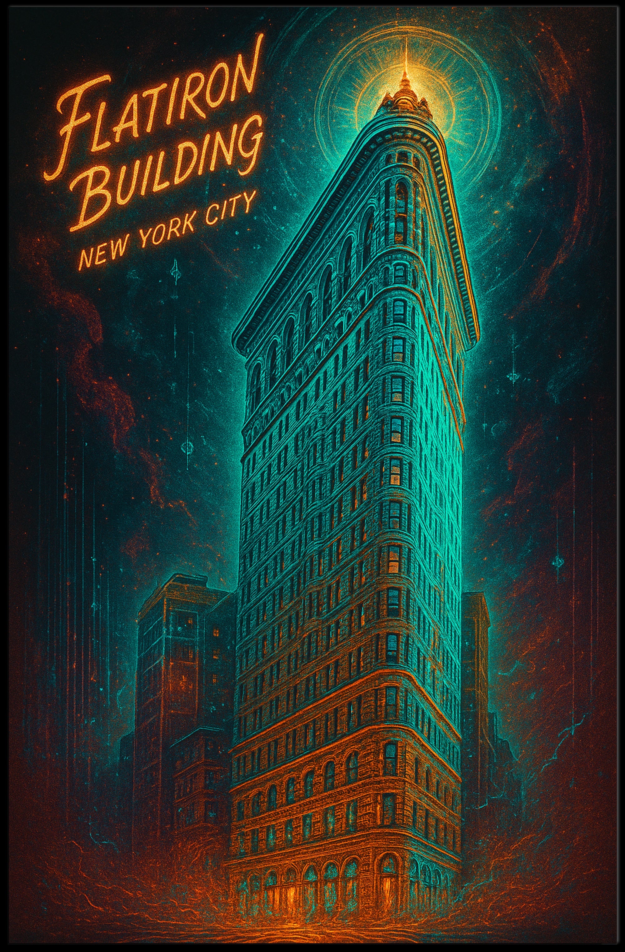Flatiron Building Neon Glow Futuristic Sci-Fi Poster